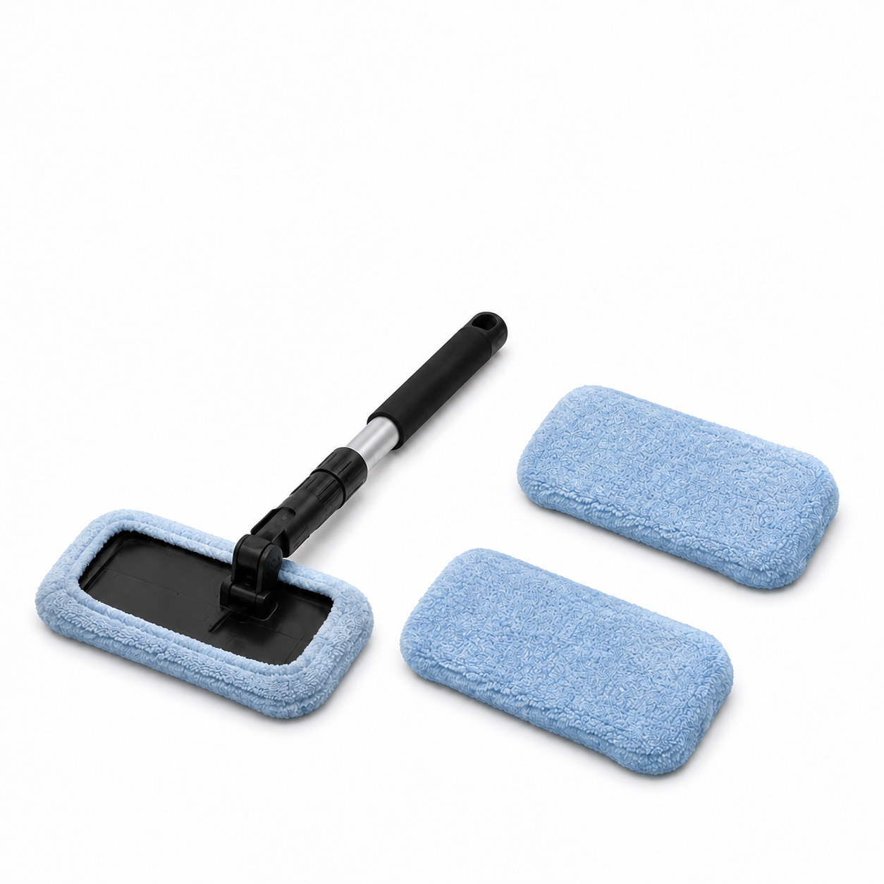Extendable inside-windshield cleaning tool with a swivel head and reusable blue microfiber pads