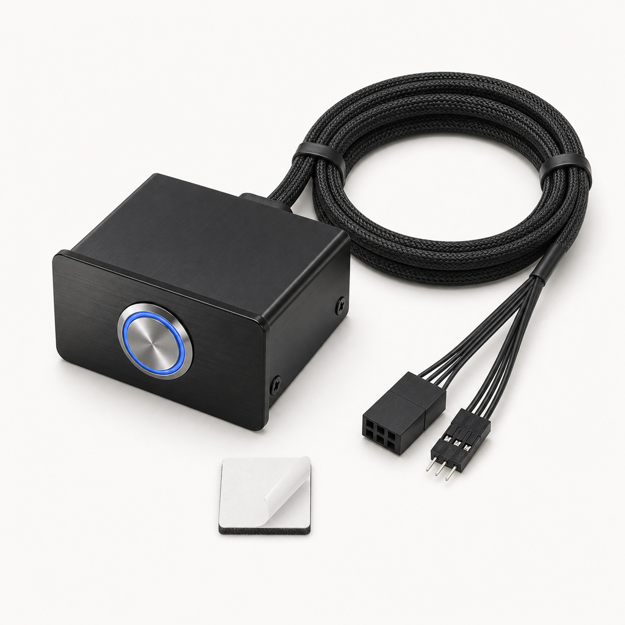 Unbranded black brushed-metal external desktop PC power switch with blue LED button, braided extension cable, motherboard connectors, and mounting pad