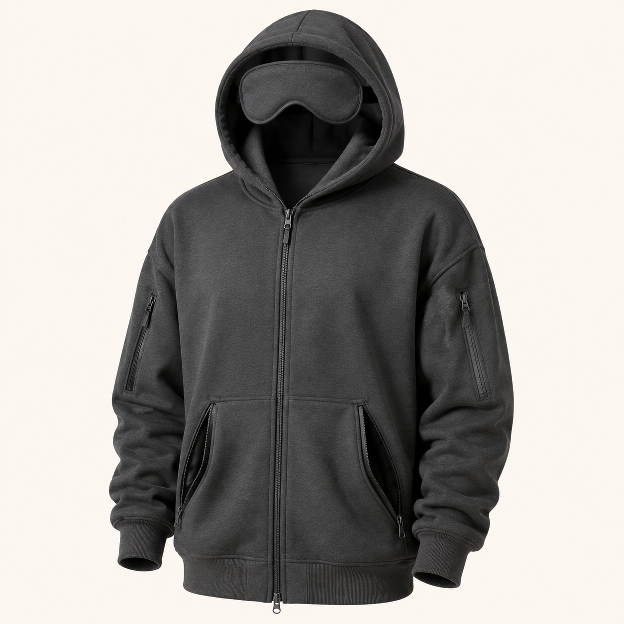 Unbranded charcoal full-zip travel hoodie with integrated eye mask and multiple secure pockets