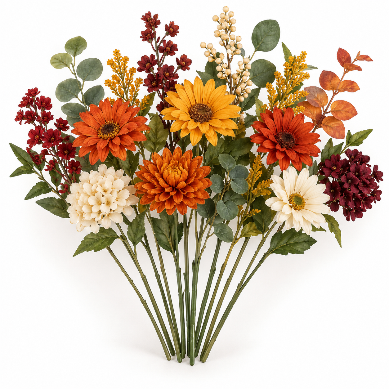 Illustrative mixed fall artificial flower bundles in orange, burgundy, cream, gold, and eucalyptus green