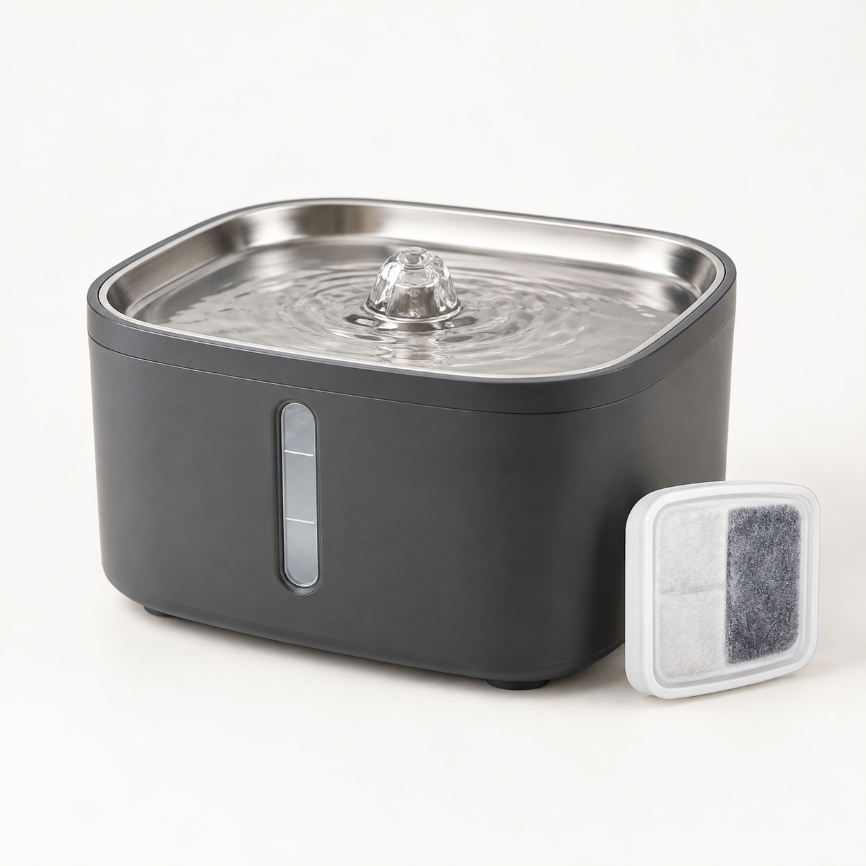 Unbranded charcoal gray filtered cat water fountain with stainless steel tray and replacement filter