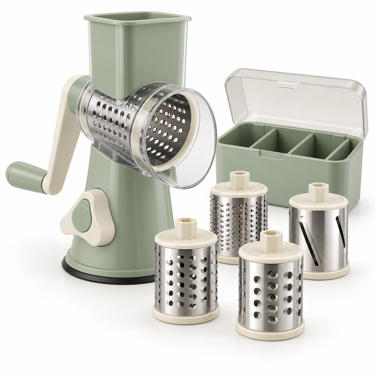 Illustrative sage-green five-blade manual rotary cheese grater with suction base and blade storage box