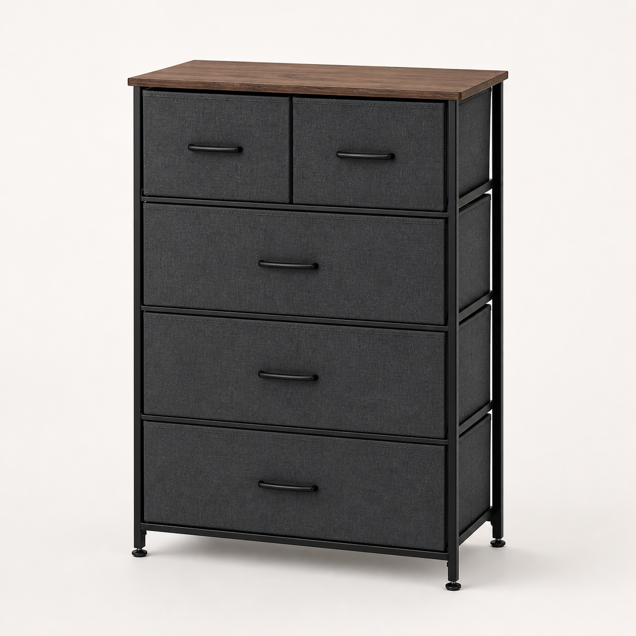 Charcoal five-drawer fabric storage dresser with black steel frame and wood top