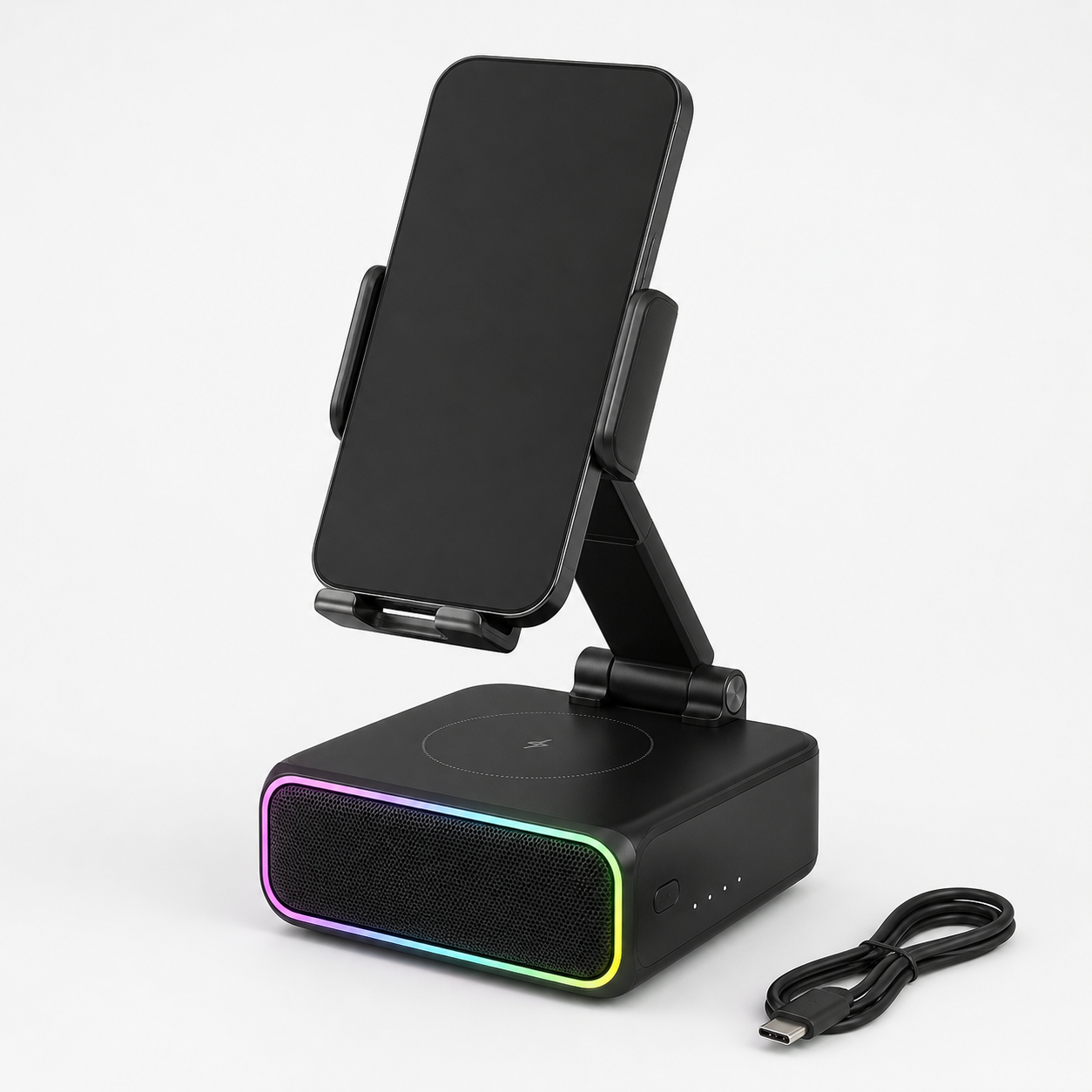 Unbranded black 5-in-1 induction speaker phone stand with adjustable cradle, RGB light, and USB-C cable