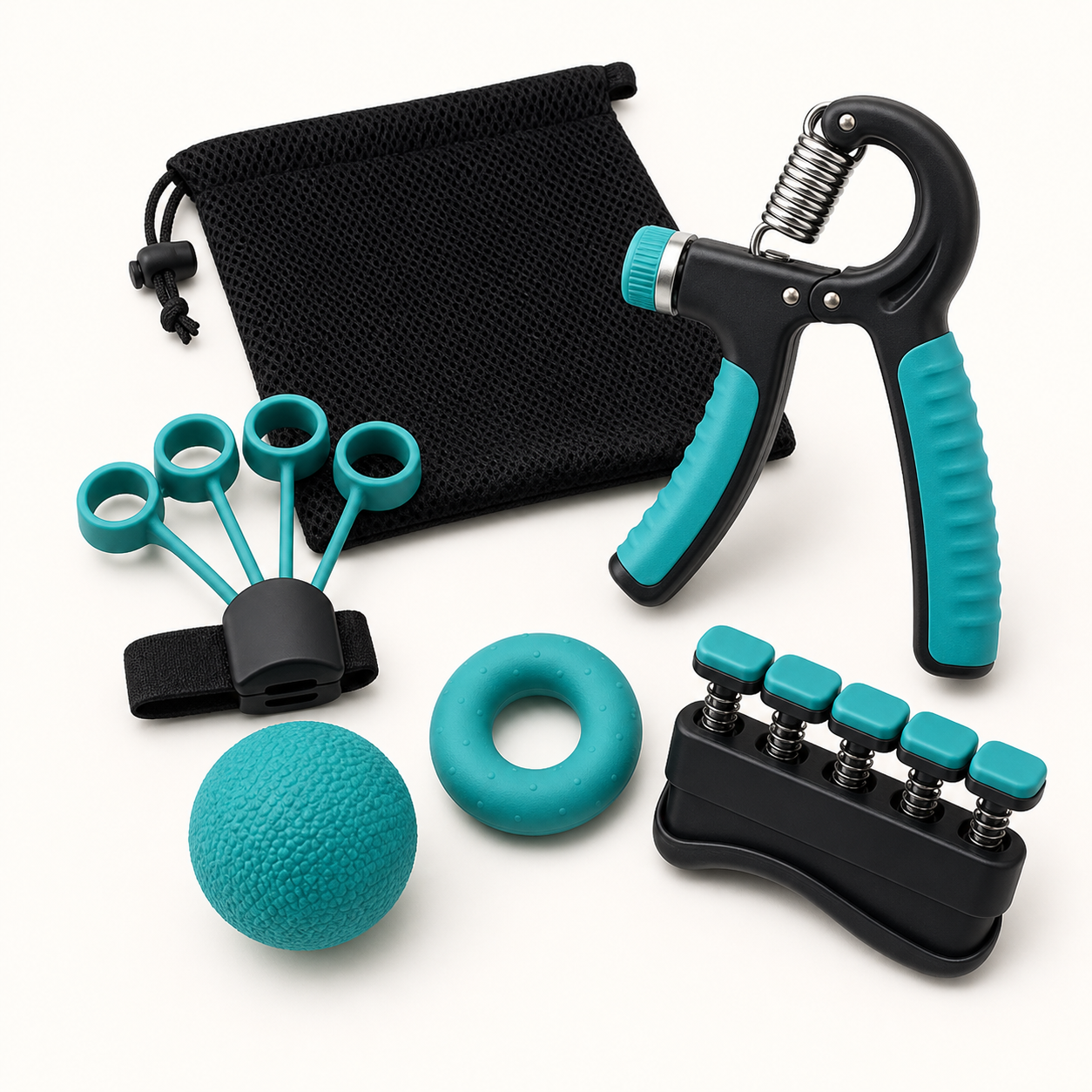 Unbranded black and teal five-piece hand grip strength trainer kit with adjustable gripper, finger exerciser, extension band, grip ring, stress ball and mesh pouch