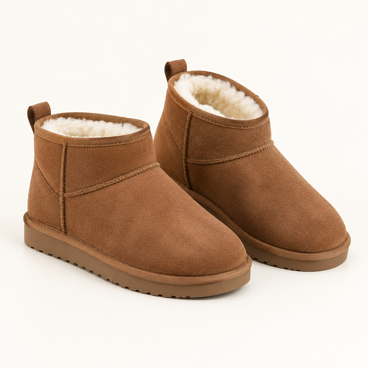 Pair of chestnut low-shaft ankle boots with cream fleece lining and flat rubber soles