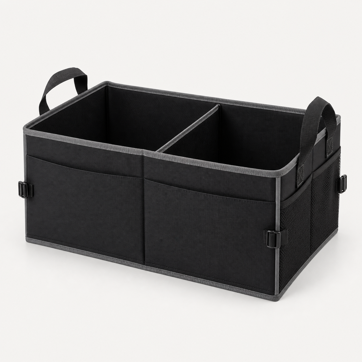Black two-compartment foldable car trunk organizer with reinforced handles, mesh pockets, and gray piping