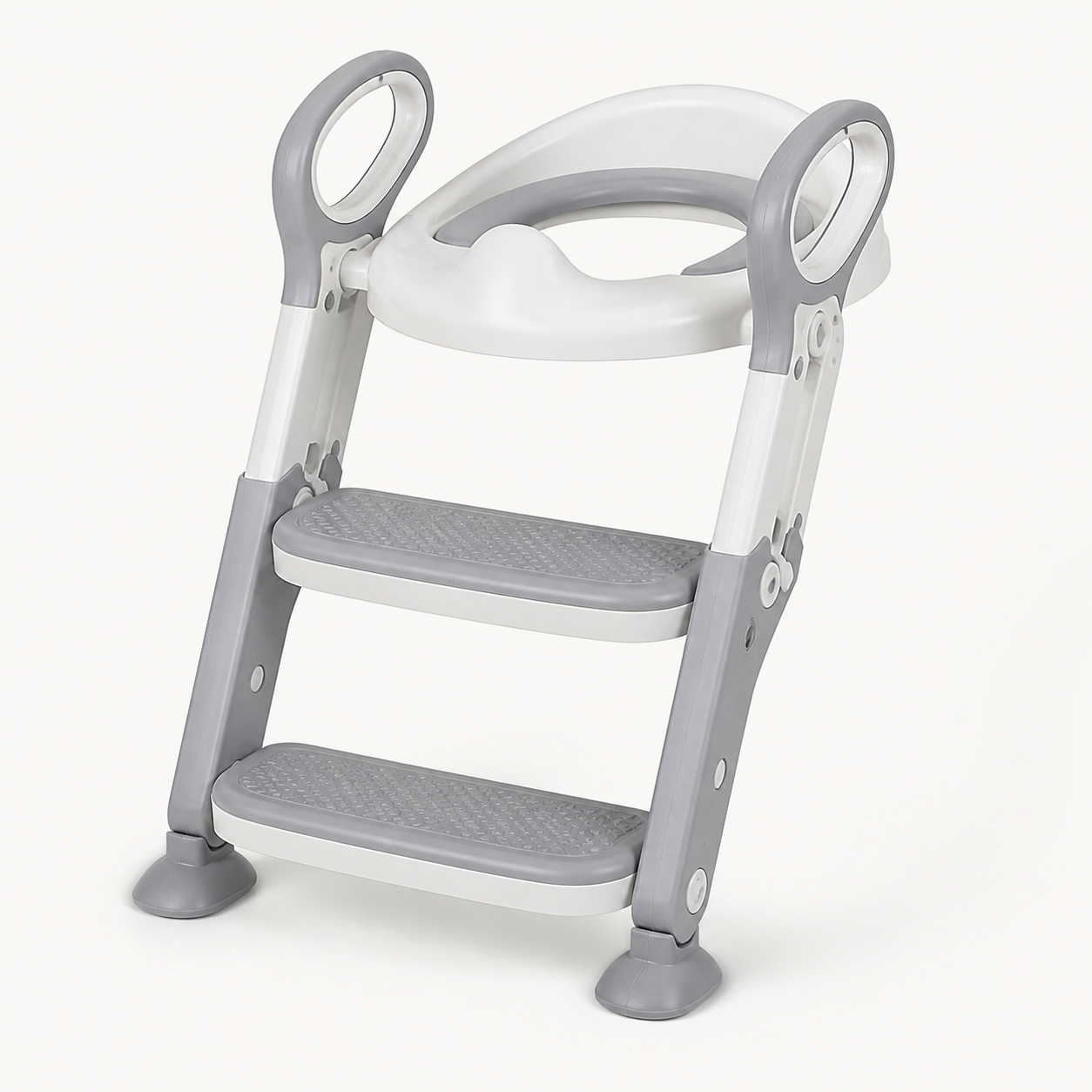 Grey and white foldable toddler toilet training seat with handles and two textured ladder steps