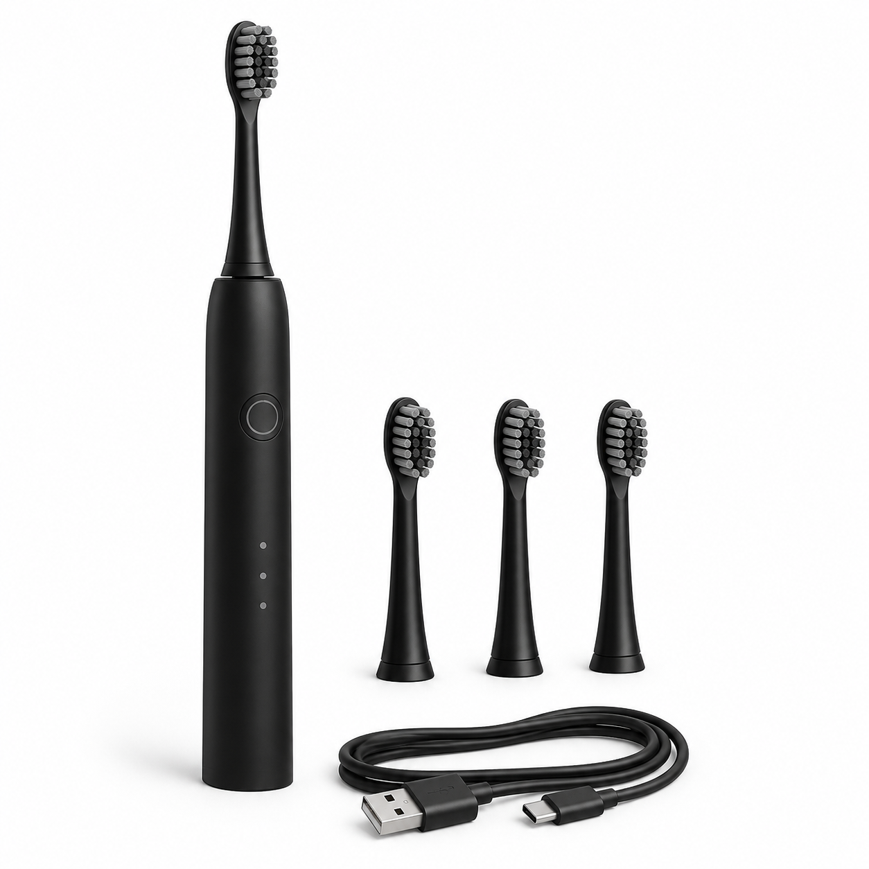 Black rechargeable electric toothbrush with four soft-bristle heads and a USB-C charging cable