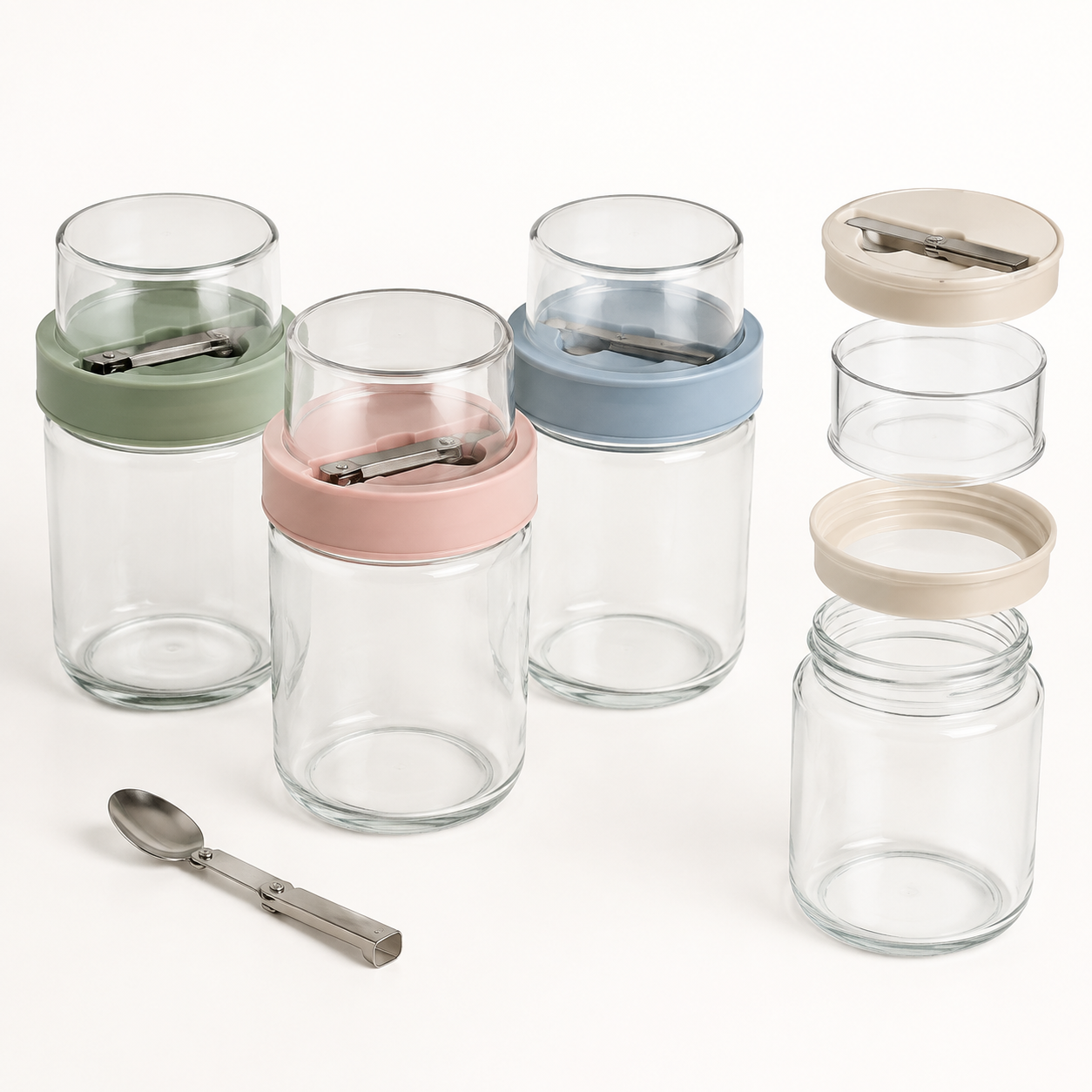 Four unbranded glass overnight oats jars with colorful divided lids and folding spoons