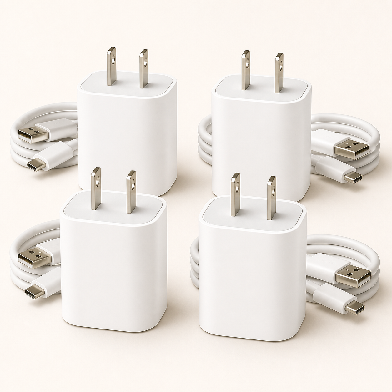 Four unbranded white US-prong fast wall charger blocks with four coiled charging cables on a warm white background