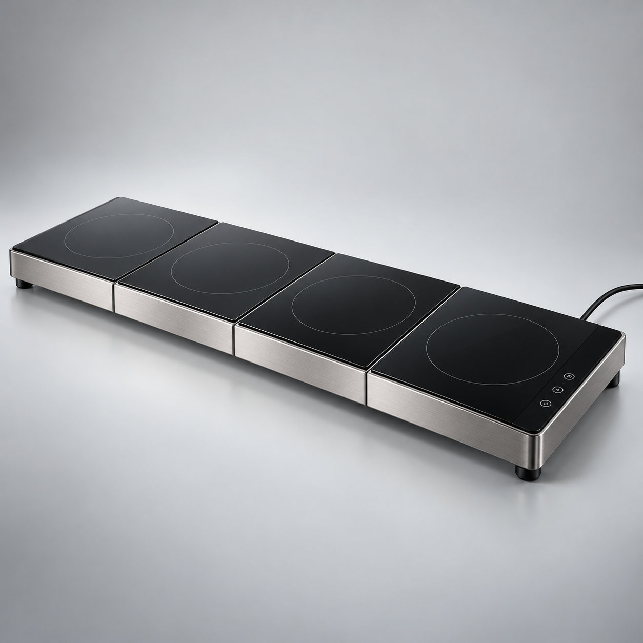 Unbranded four-panel black glass electric warming tray with stainless steel edge and touch controls