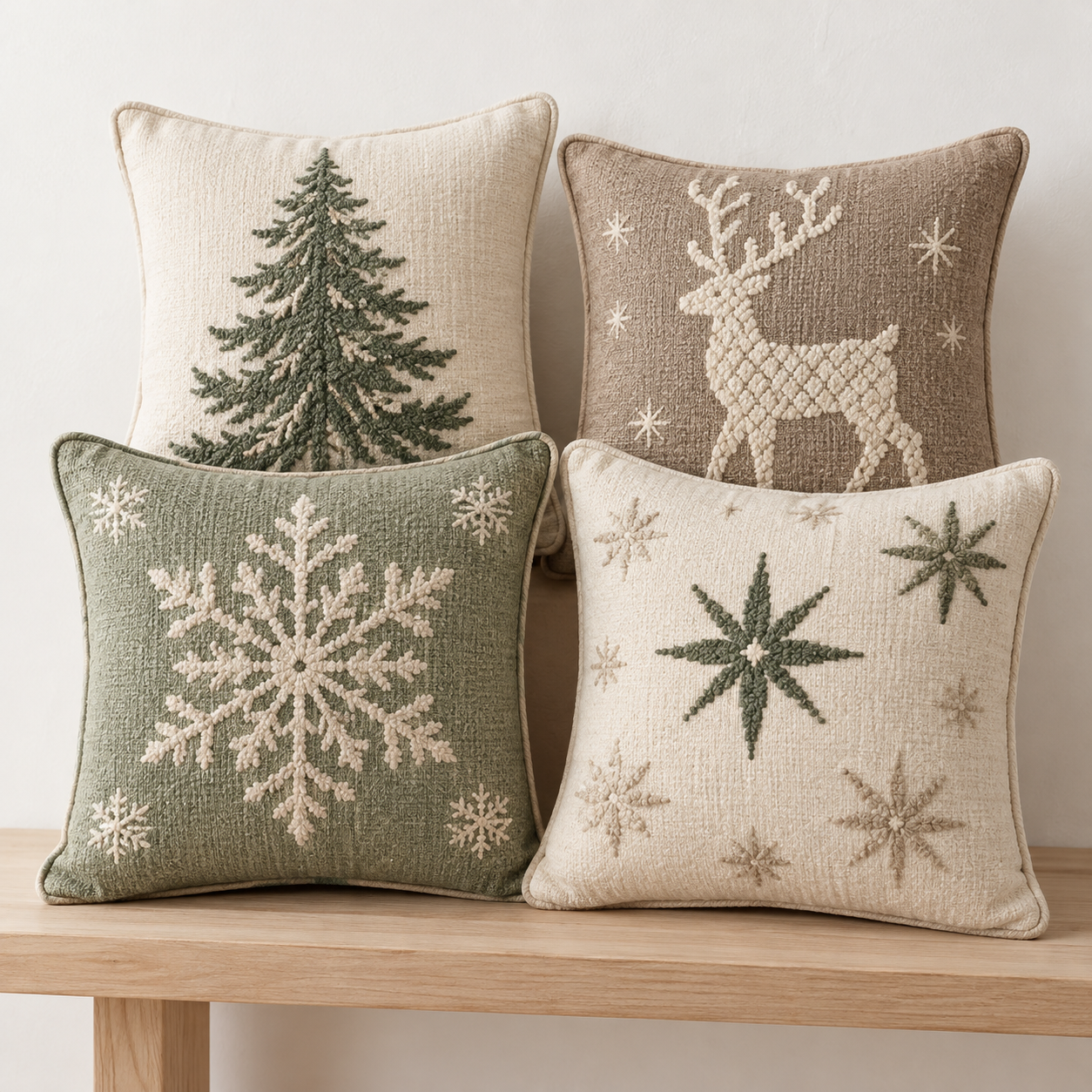 Four unbranded neutral Christmas throw pillow covers with tree, reindeer and snowflake embroidery fitted over square inserts