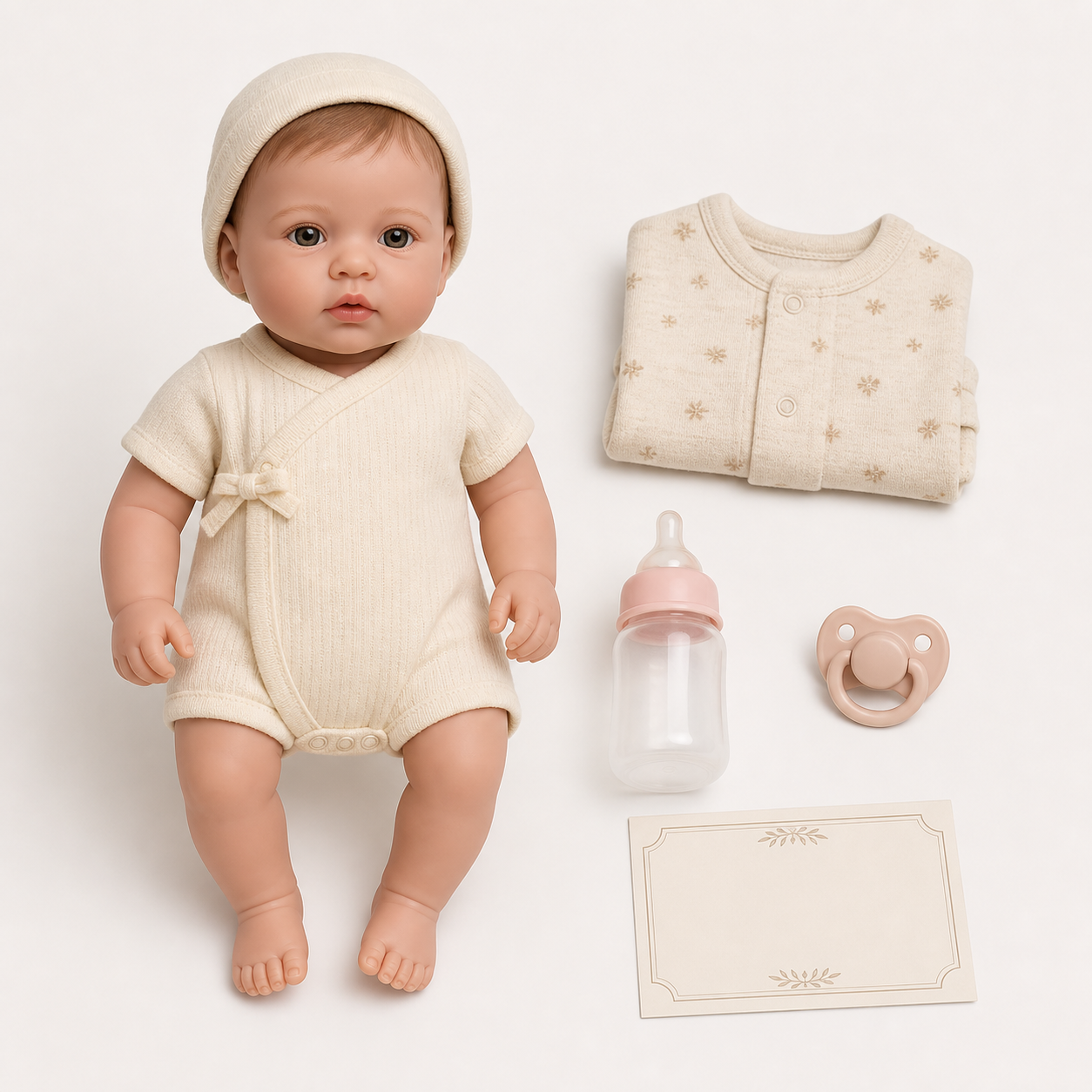 Unbranded 13-inch soft silicone collectible baby doll with cream outfit, cap, bottle, pacifier, spare romper, and blank certificate card