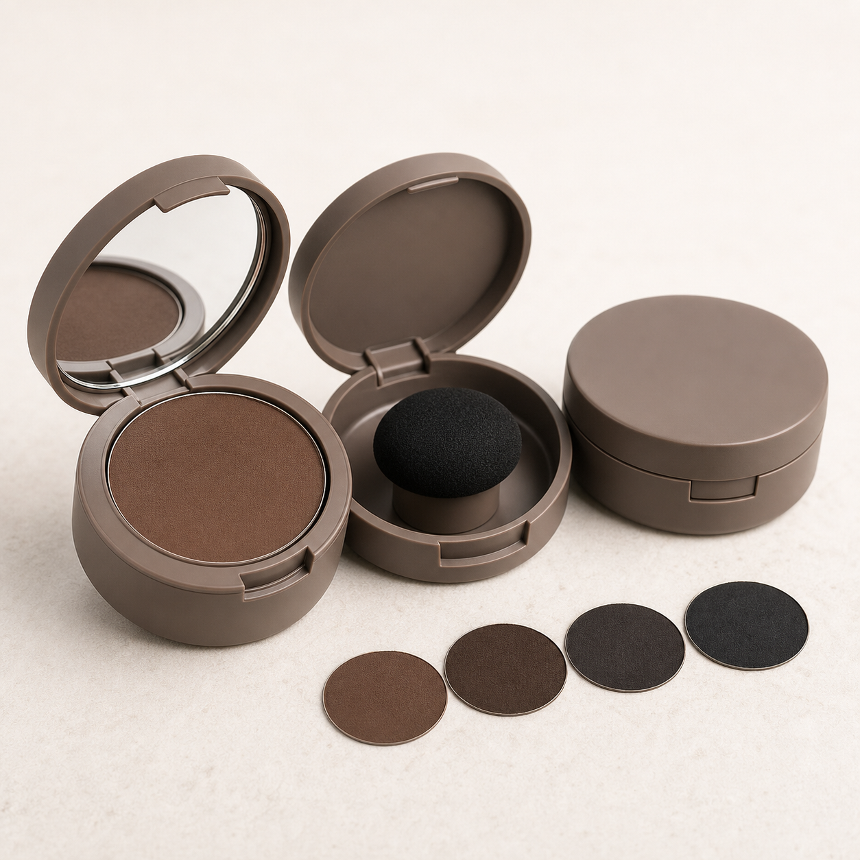 Unbranded taupe hair root touch-up powder compacts with mirror, medium-brown pressed powder, sponge applicator and shade swatches
