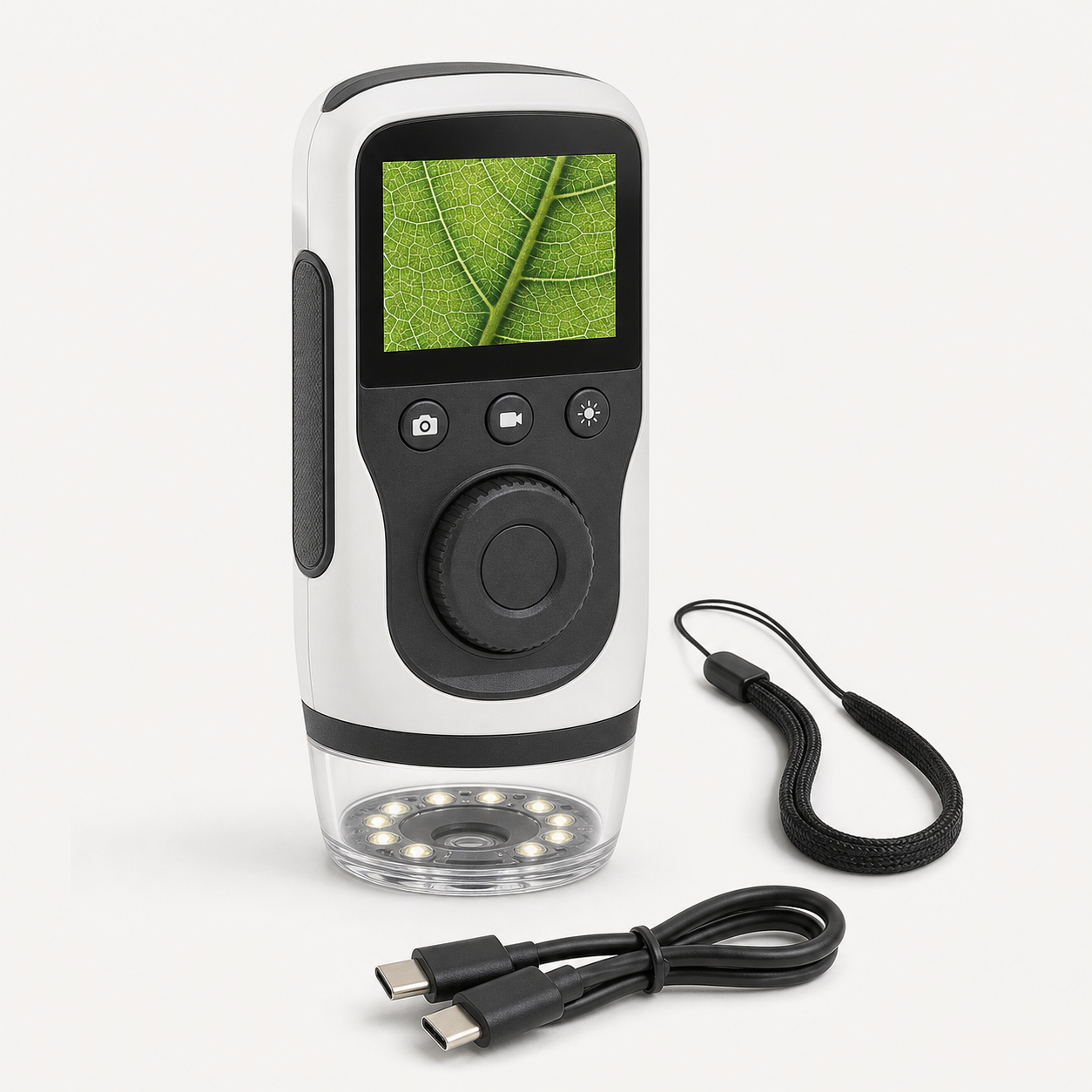Unbranded handheld digital microscope with color screen, LED lens ring, USB-C cable, and wrist strap