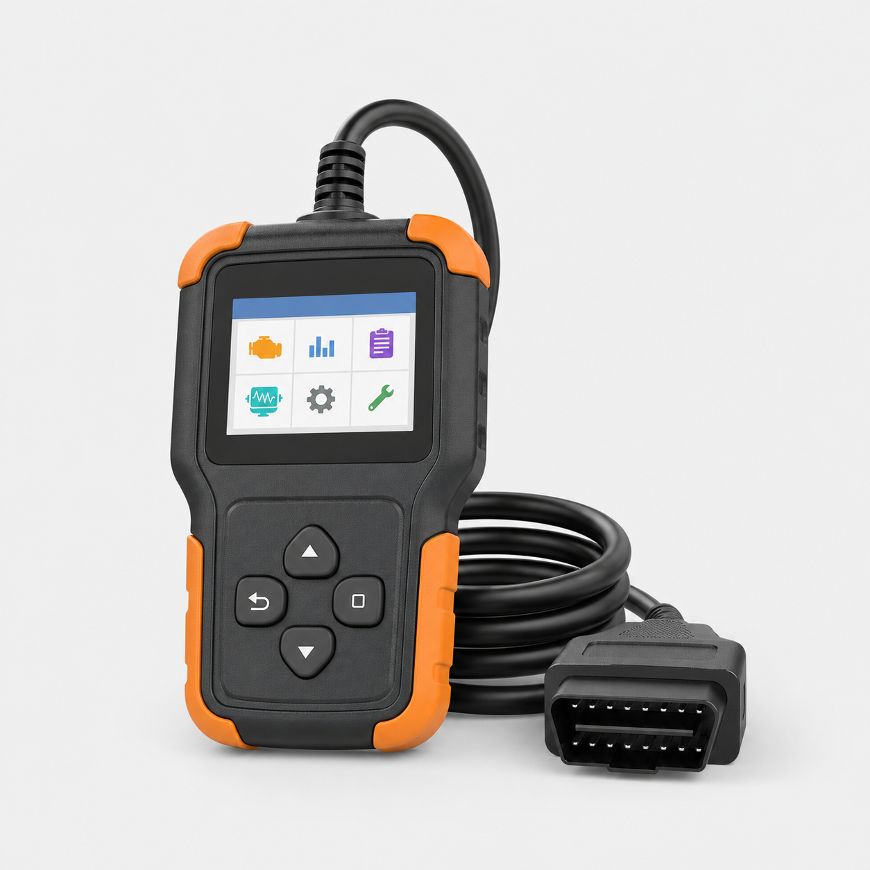 Unbranded black and orange handheld OBD2 code reader with color screen, cable, and 16-pin connector