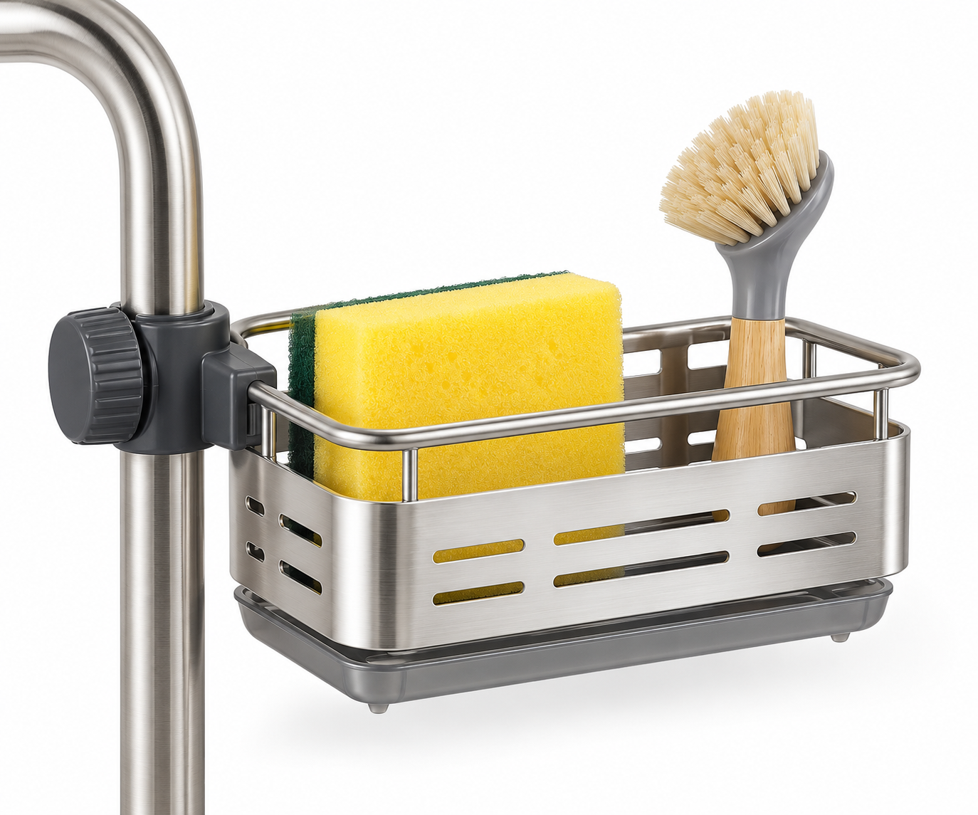 Metal hanging faucet sink organizer rack holding a sponge and dish brush above a removable drip tray