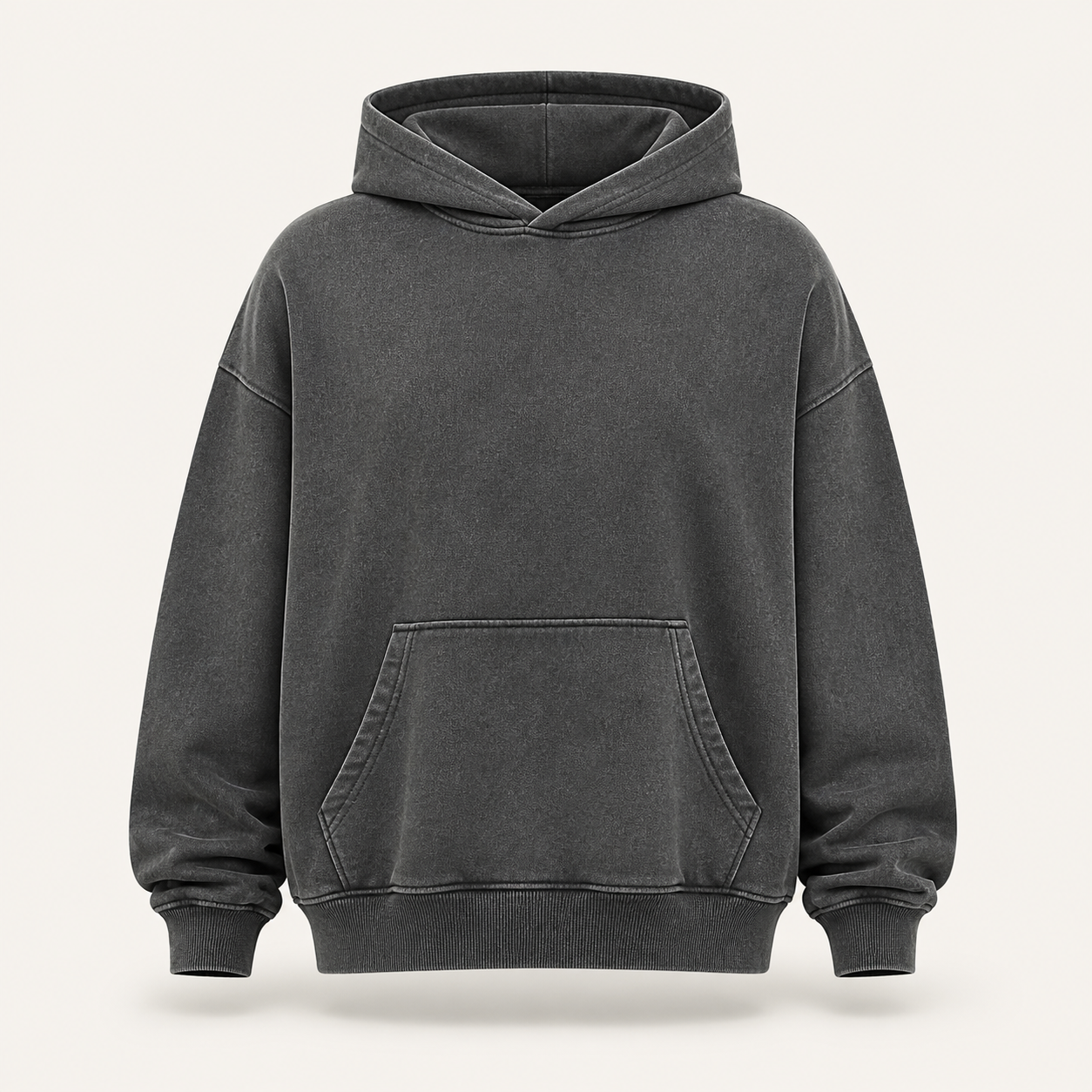 Charcoal gray heavyweight oversized pullover hoodie with double-layer hood and kangaroo pocket