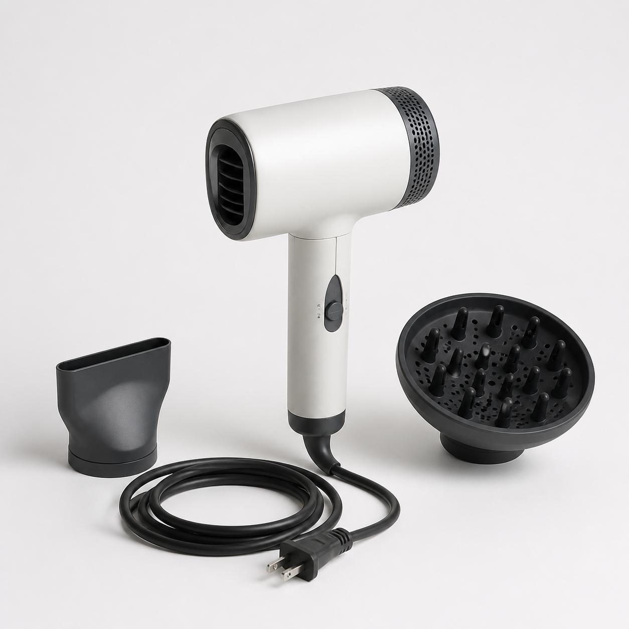 Pearl white high-speed hair dryer with concentrator nozzle and diffuser attachments