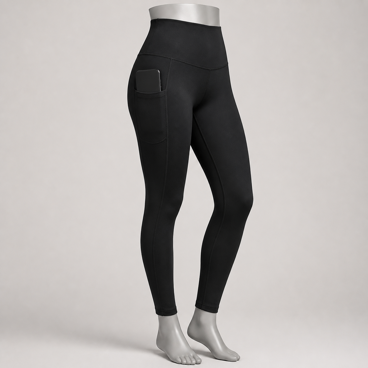 Black high-waisted full-length training leggings with a deep side phone pocket