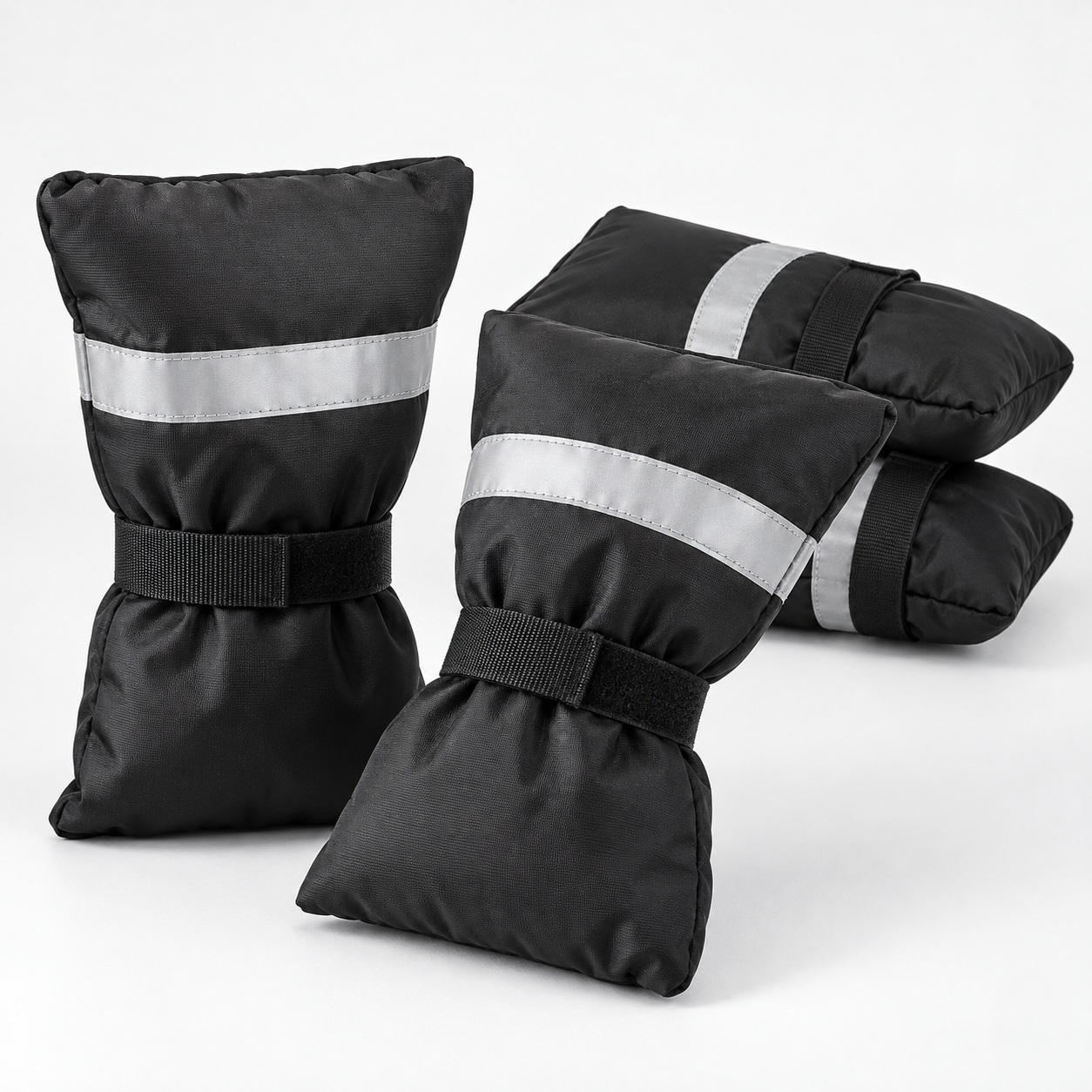 Four unbranded black insulated outdoor faucet covers with reflective strips and fastening straps