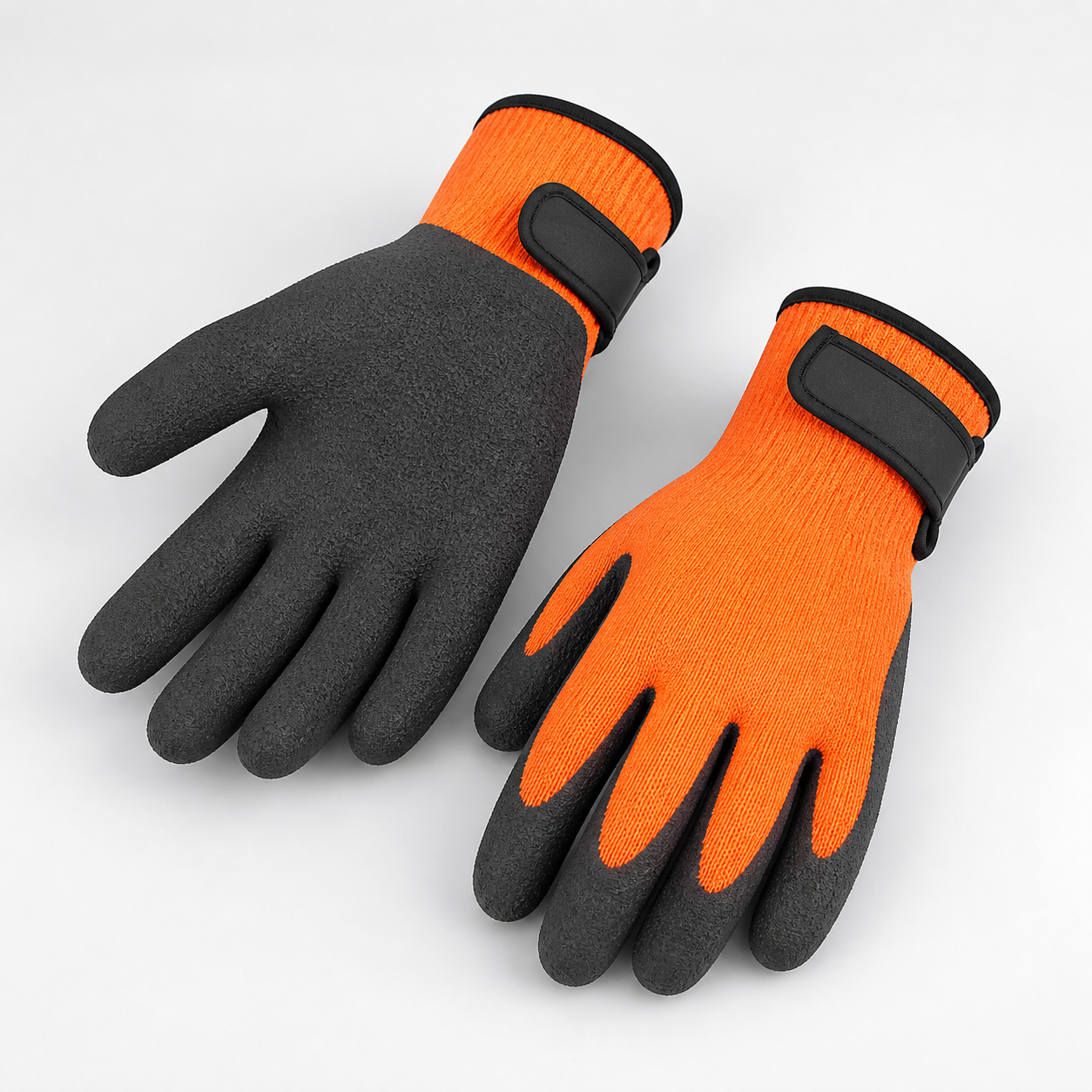 Orange and charcoal insulated waterproof dipped work gloves with textured grip palms