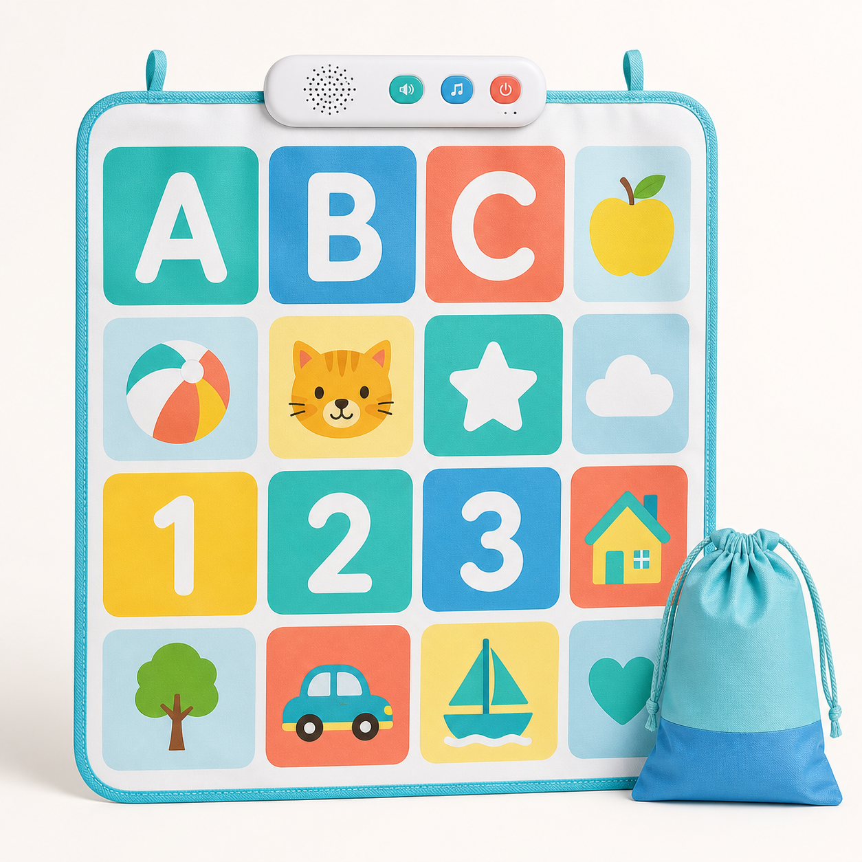 Colorful interactive talking alphabet and number wall poster with speaker controls and storage pouch