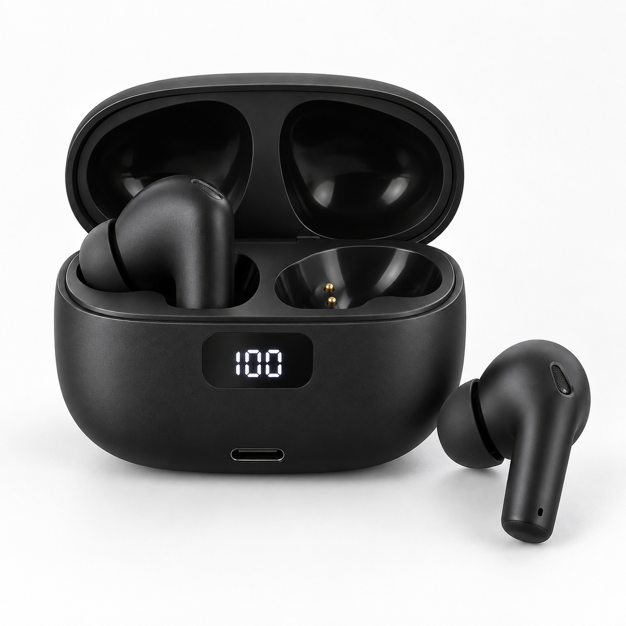 Illustrative black true wireless earbuds beside an open charging case with a numeric battery display