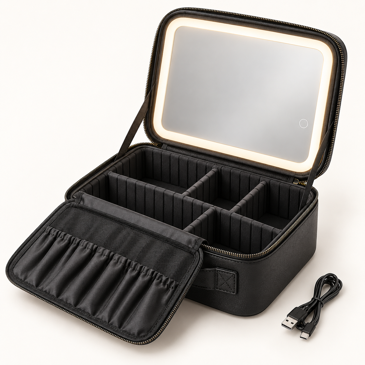 Illustrative black travel makeup bag opened to reveal adjustable dividers, a brush panel, and a built-in illuminated mirror
