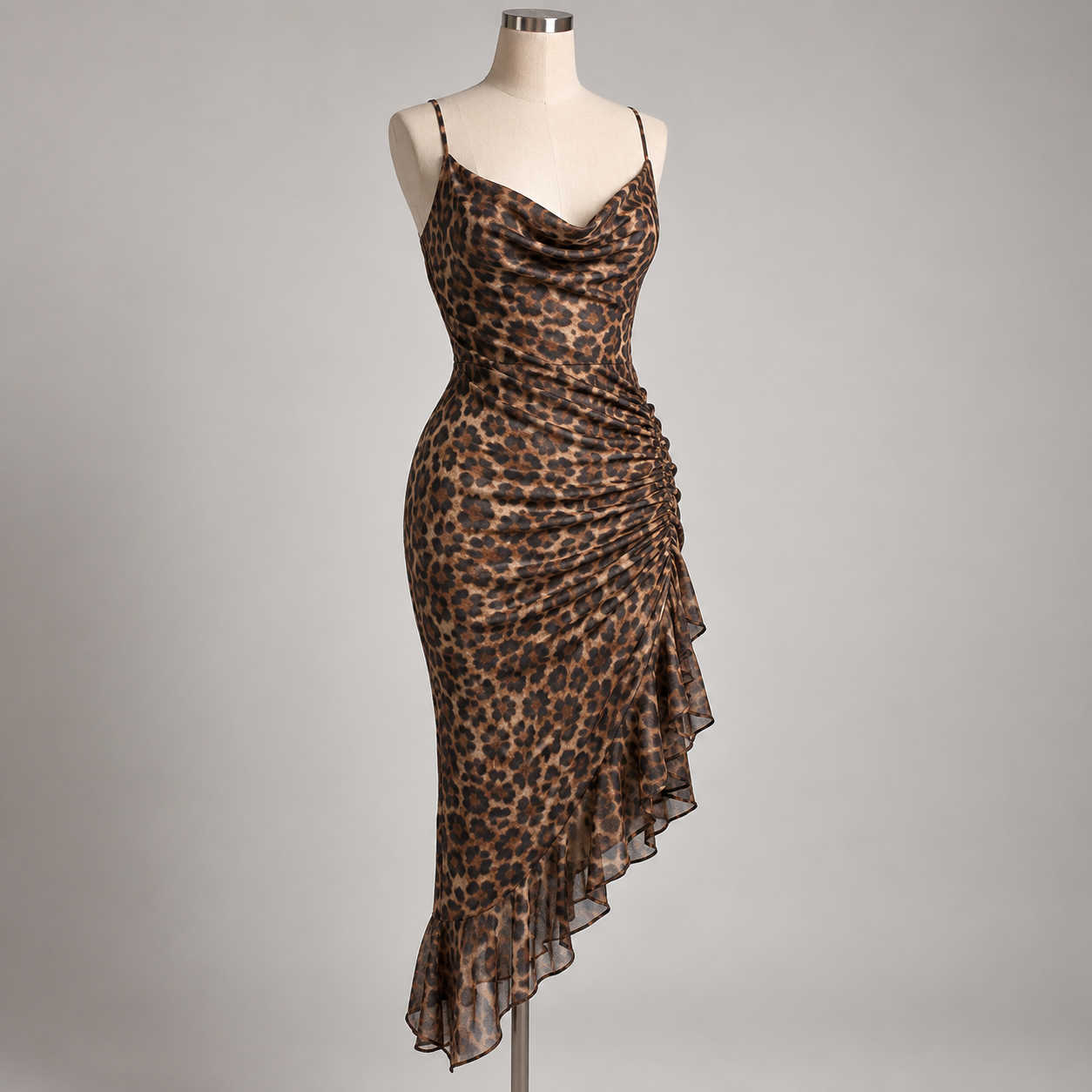 Unbranded leopard-print asymmetrical cami midi dress with cowl neck and ruched ruffle hem