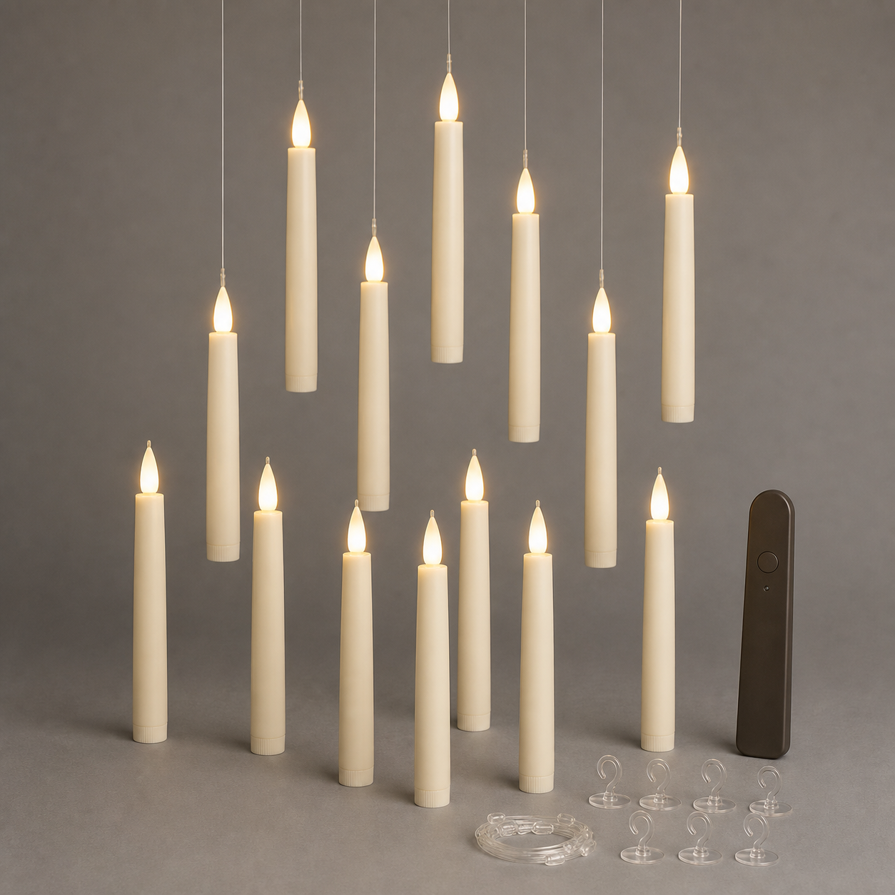 Twelve unbranded ivory floating LED taper candles with warm lights, wand remote, clear hooks, and hanging line