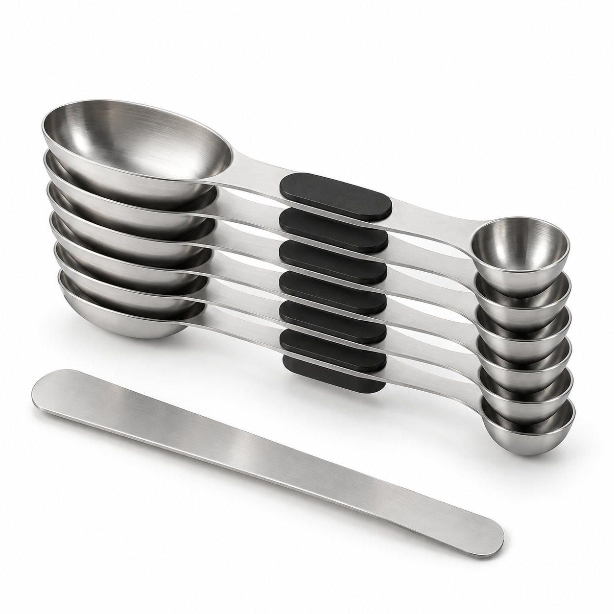 Unbranded nested stainless steel magnetic measuring spoon set with flat leveler