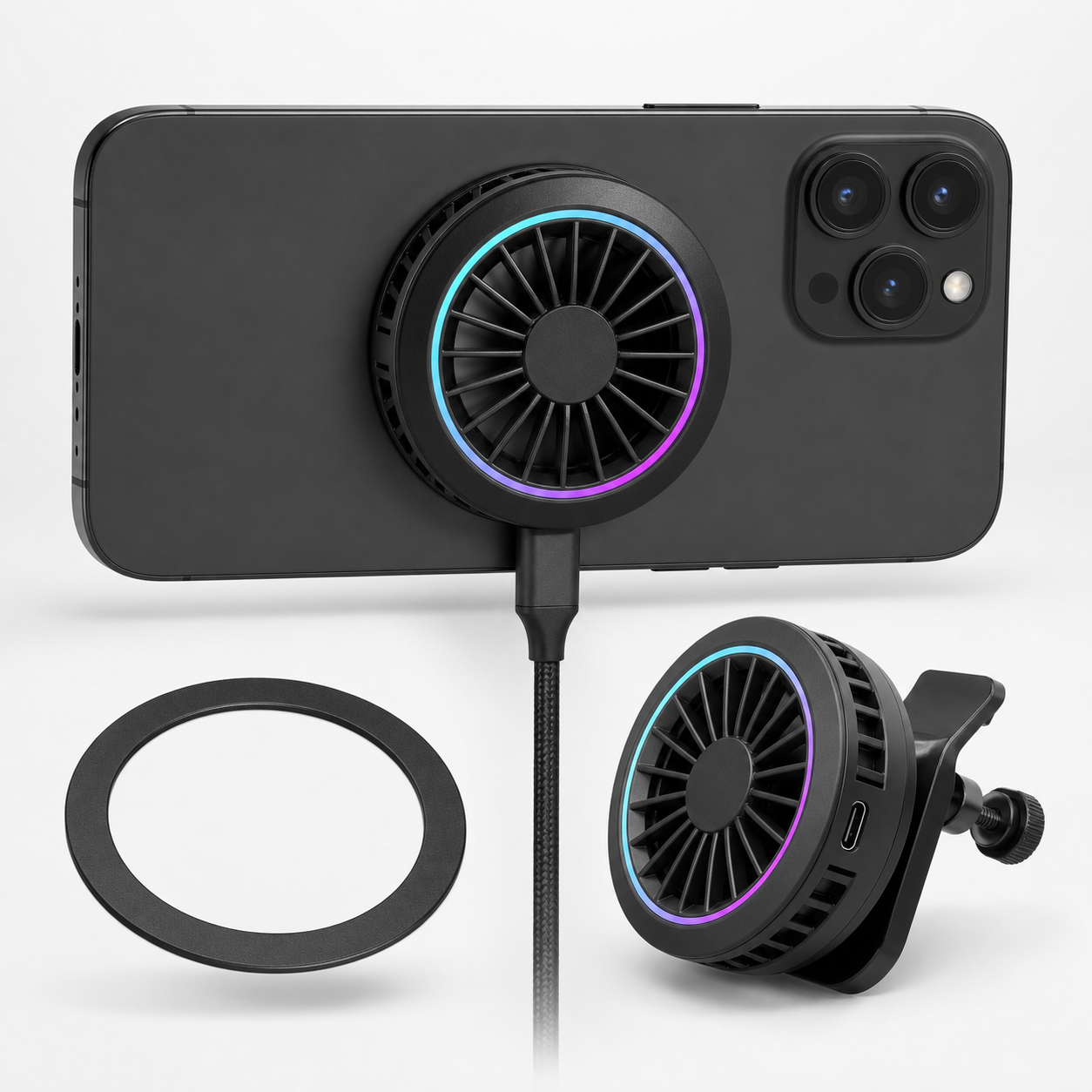 Unbranded black magnetic semiconductor phone cooler with an RGB fan ring, USB-C cable, magnetic ring, and clip