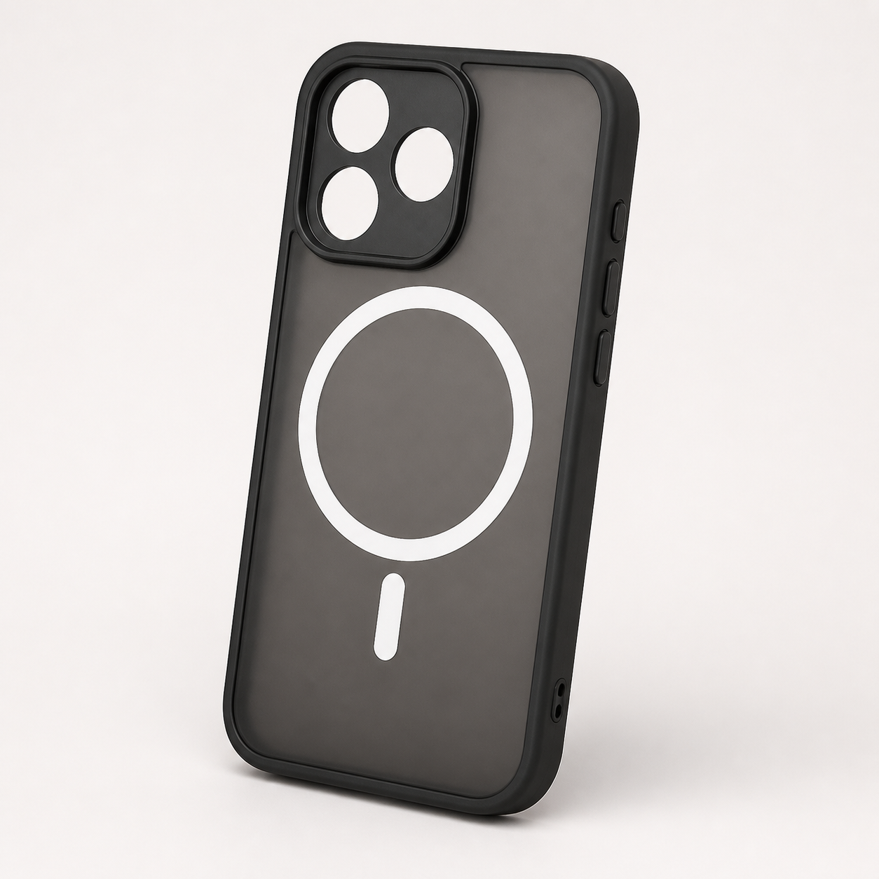Matte black translucent magnetic wireless-charging-compatible phone case with camera surround