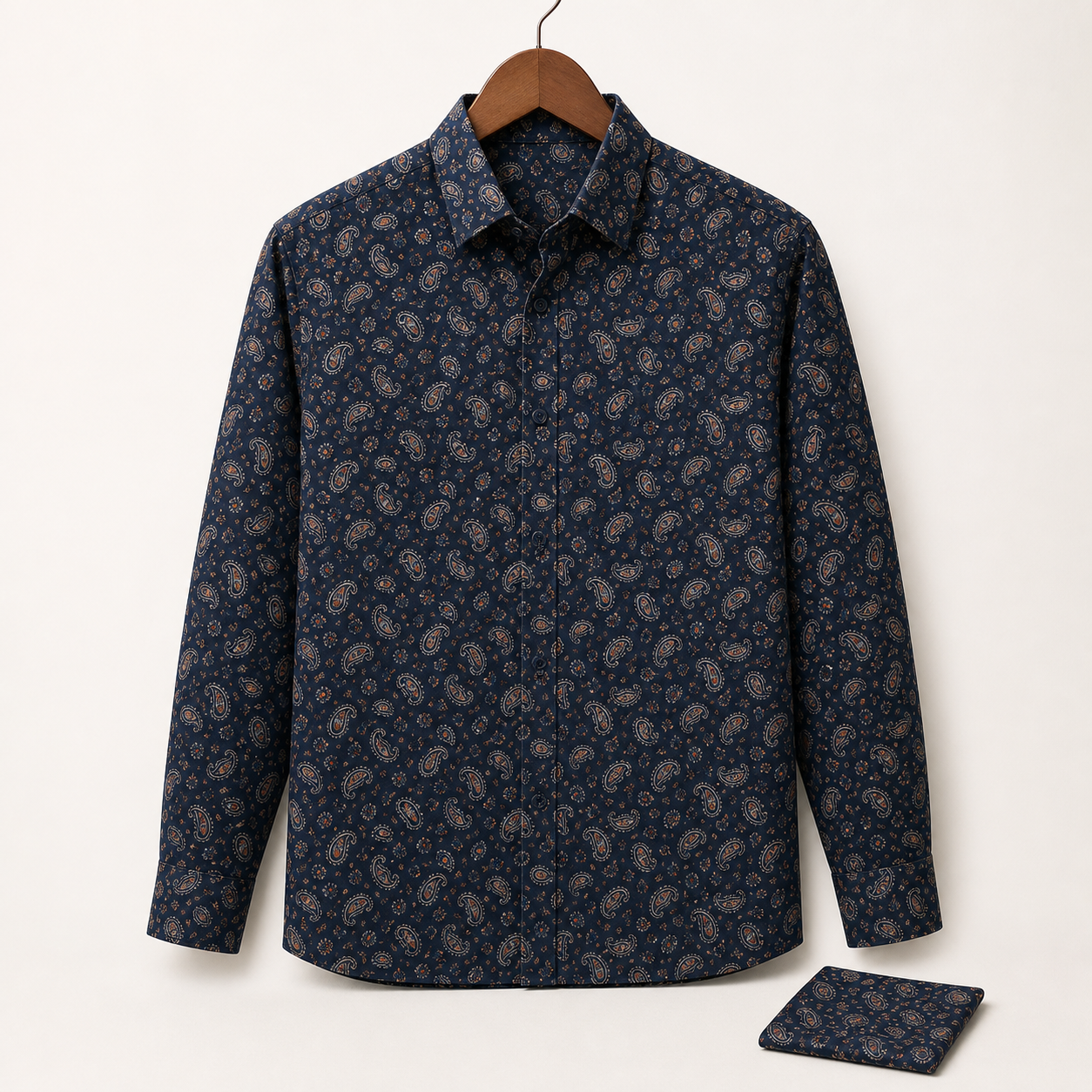 Unbranded navy men's long-sleeve button-down shirt with a cream and rust paisley print on a wood hanger