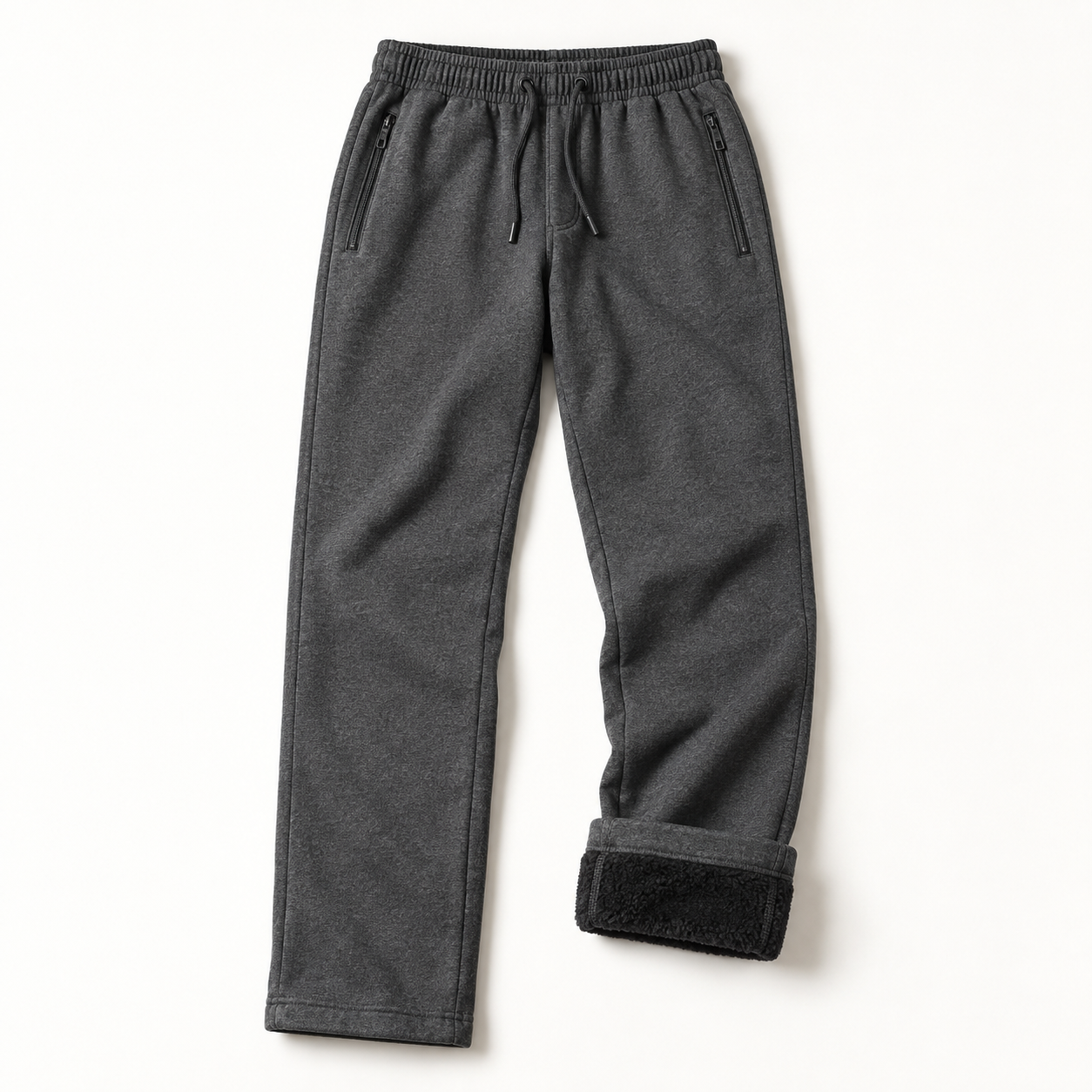 Unbranded charcoal men's thermal-lined drawstring pants with a turned cuff revealing the soft lining