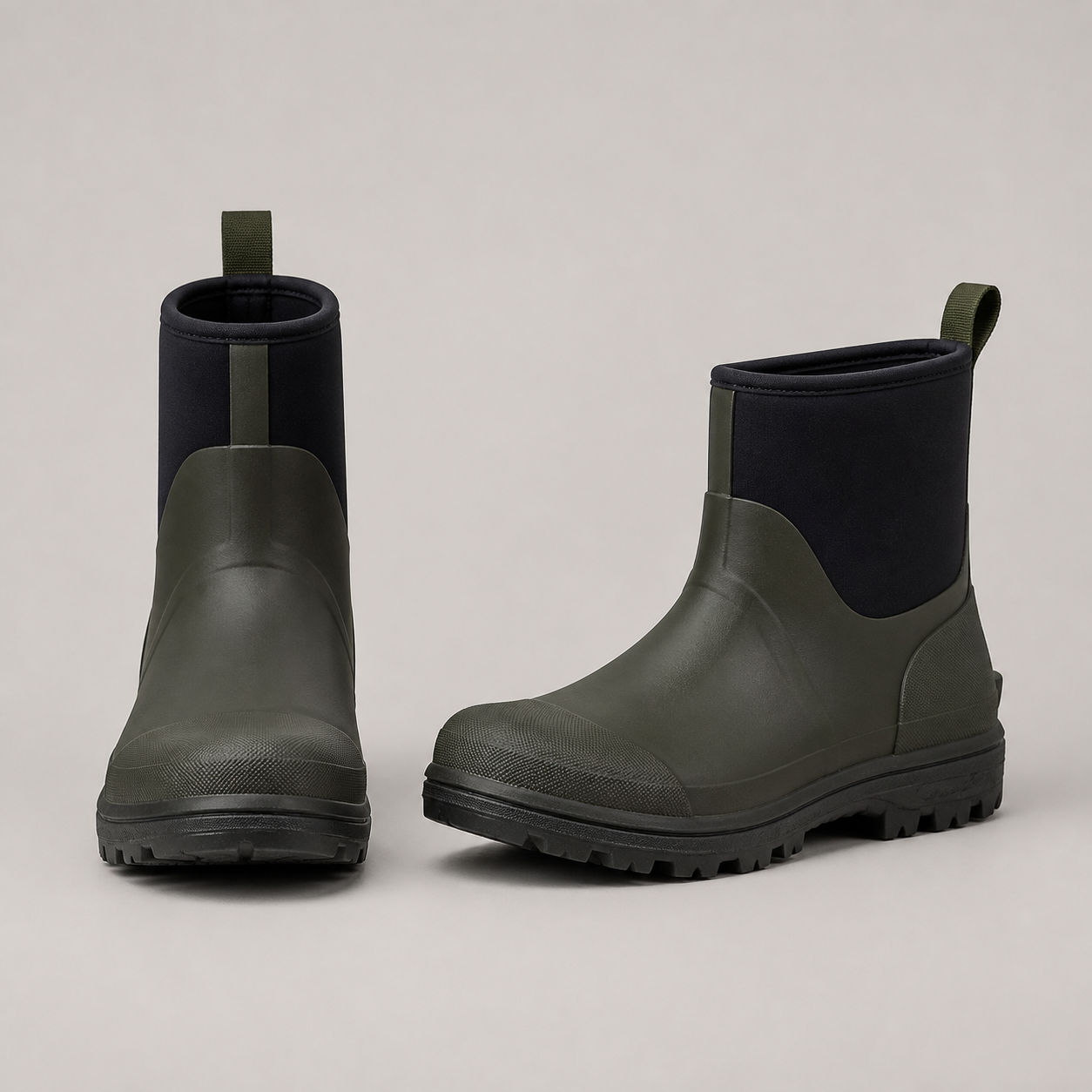Unbranded olive and black men's waterproof ankle deck boots with neoprene shafts and rugged rubber tread
