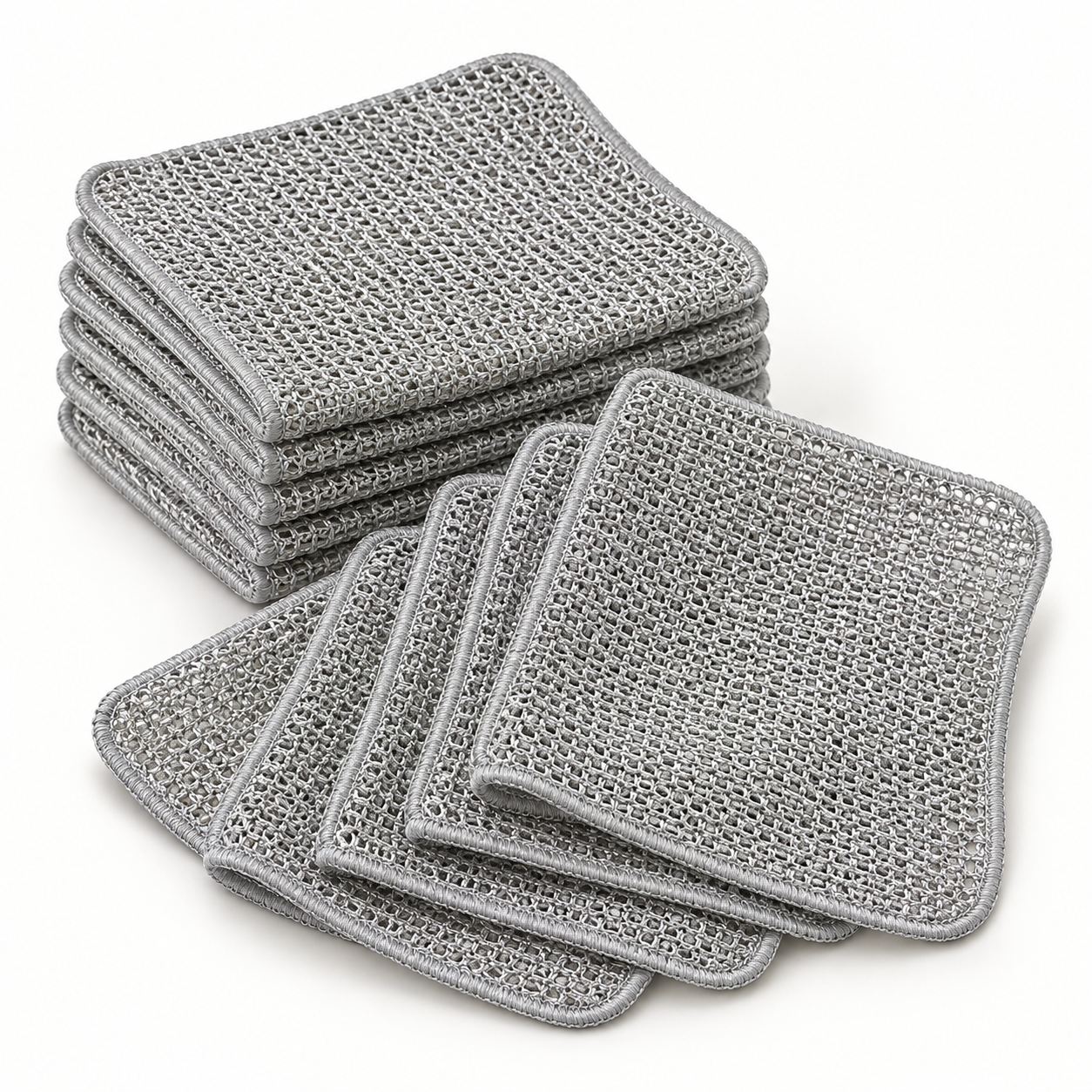 Ten unbranded square metallic-fiber wire dishcloths stacked and fanned on a white background