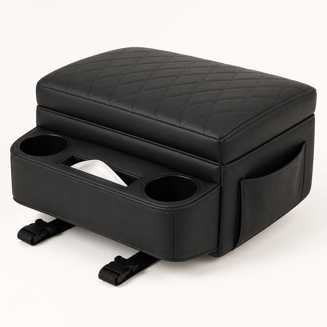 Black PU leather car armrest organizer with two cup holders, tissue opening and side storage pocket