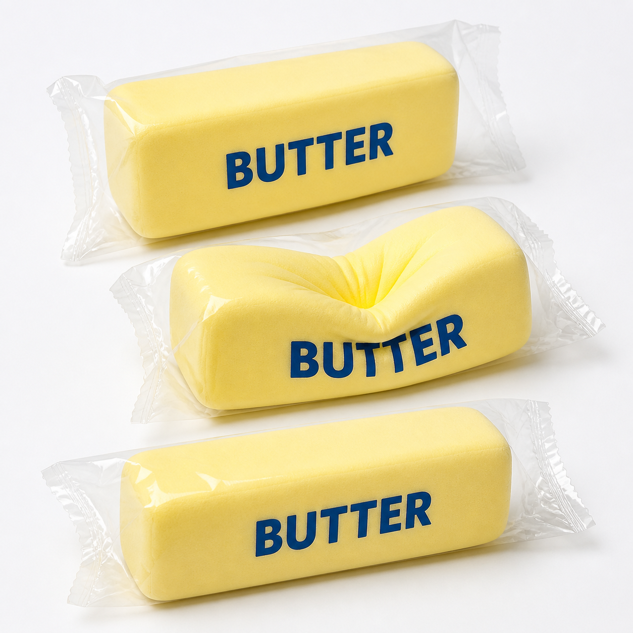 Three packaged yellow butter-stick-shaped slow-rising squishy toys with one toy visibly compressed