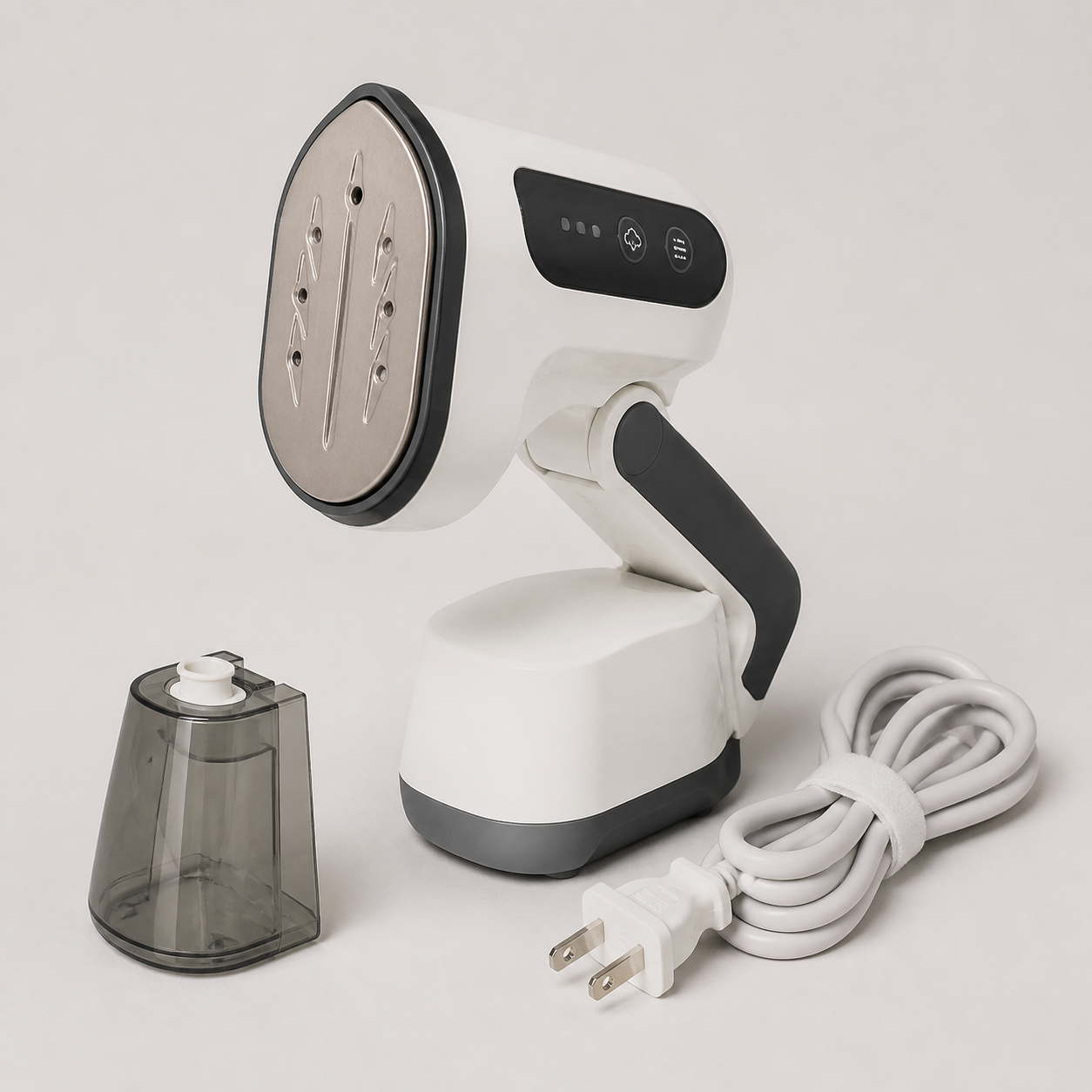 Unbranded white portable garment steamer with folding handle, display, steam plate, and travel pouch