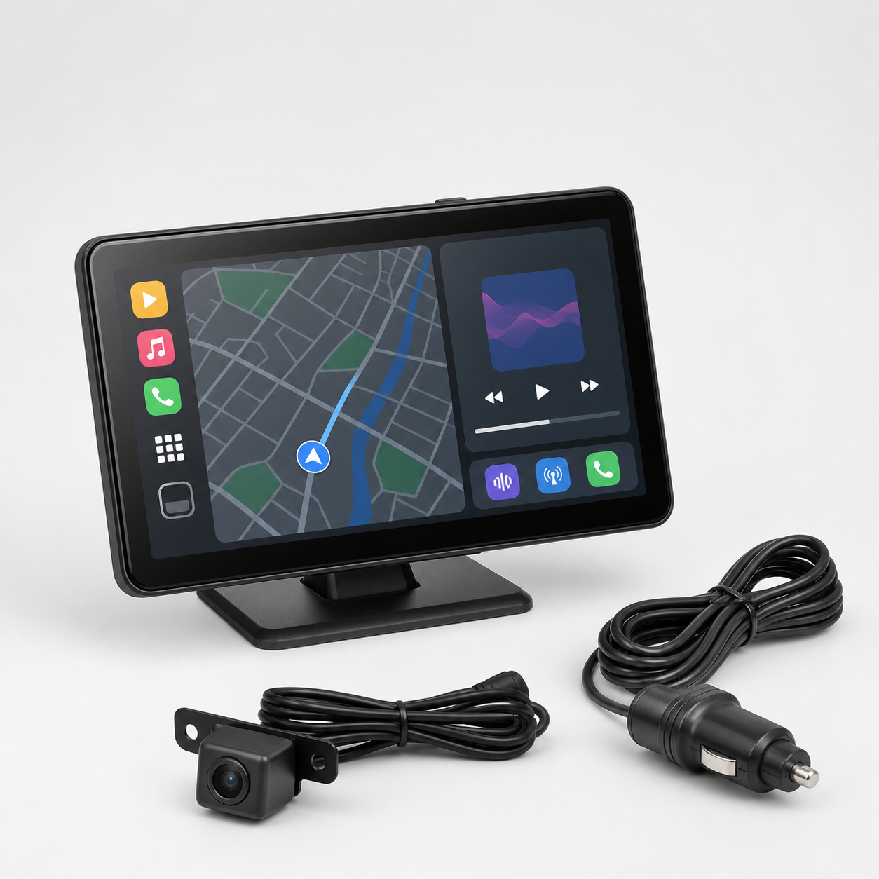 Unbranded 7-inch portable wireless car dashboard touchscreen with rear camera and 12-volt power cable
