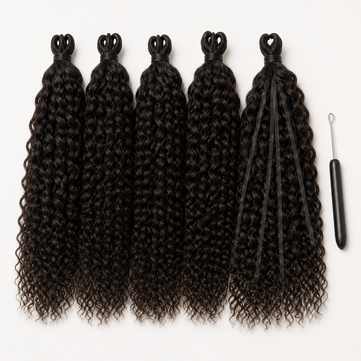 Five unbranded natural-black pre-separated curly crochet human-hair bundles with a plain latch-hook needle