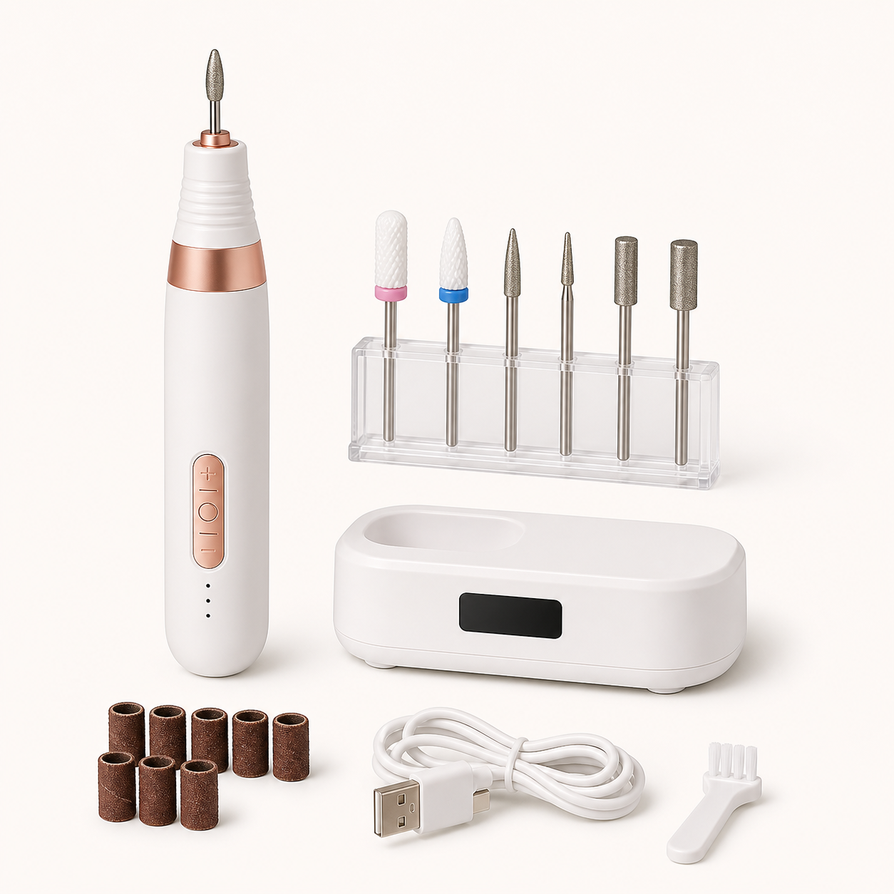 White and rose-gold rechargeable nail drill with charging base, bits, sanding bands, cable, and brush