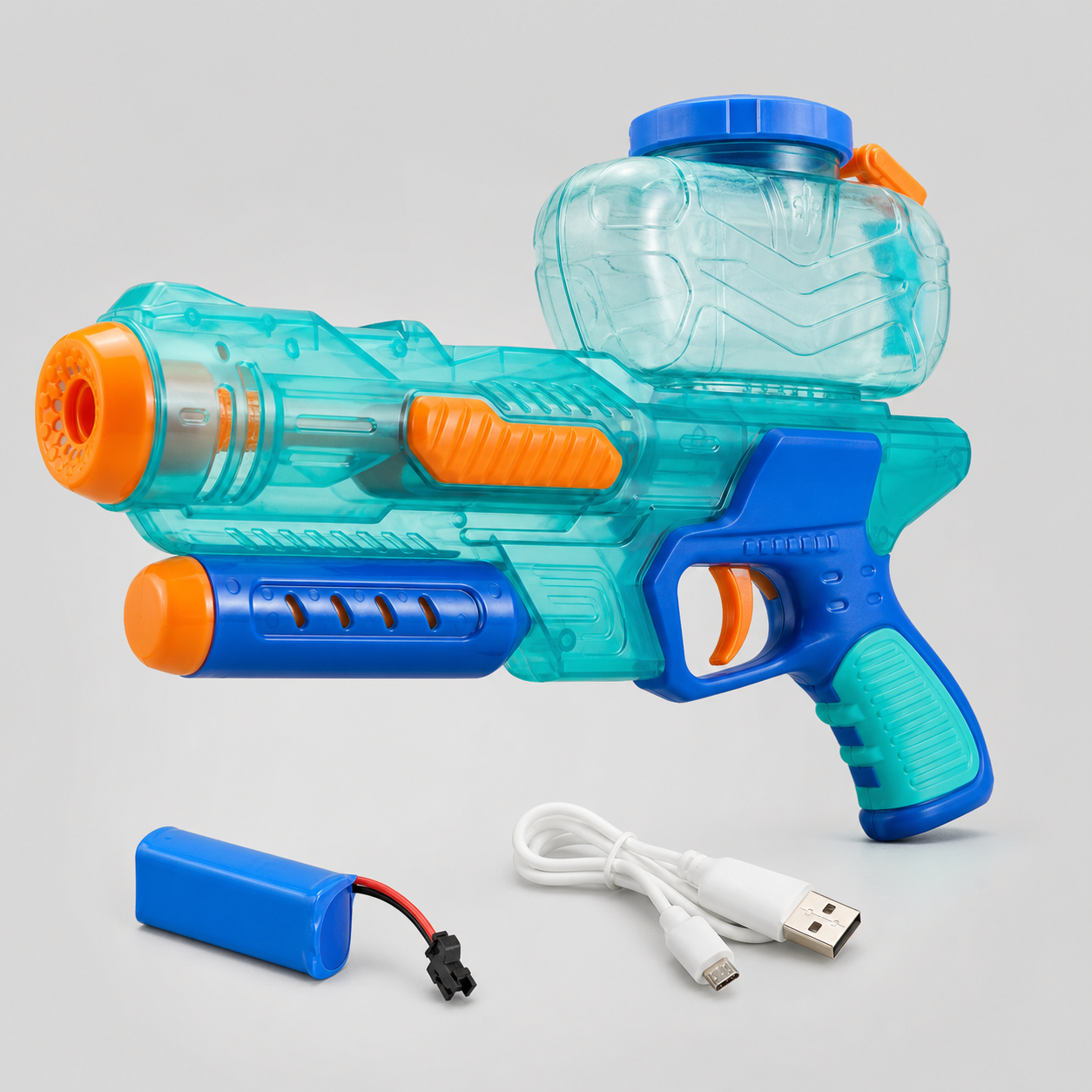 Unbranded translucent aqua blue and orange rechargeable electric water blaster with large reservoir, removable battery and USB charging cable