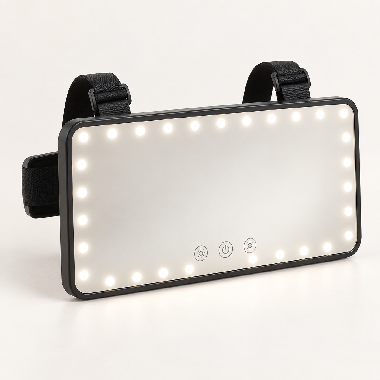 Illustrative black clip-on car sun visor vanity mirror with LED border and adjustable mounting straps