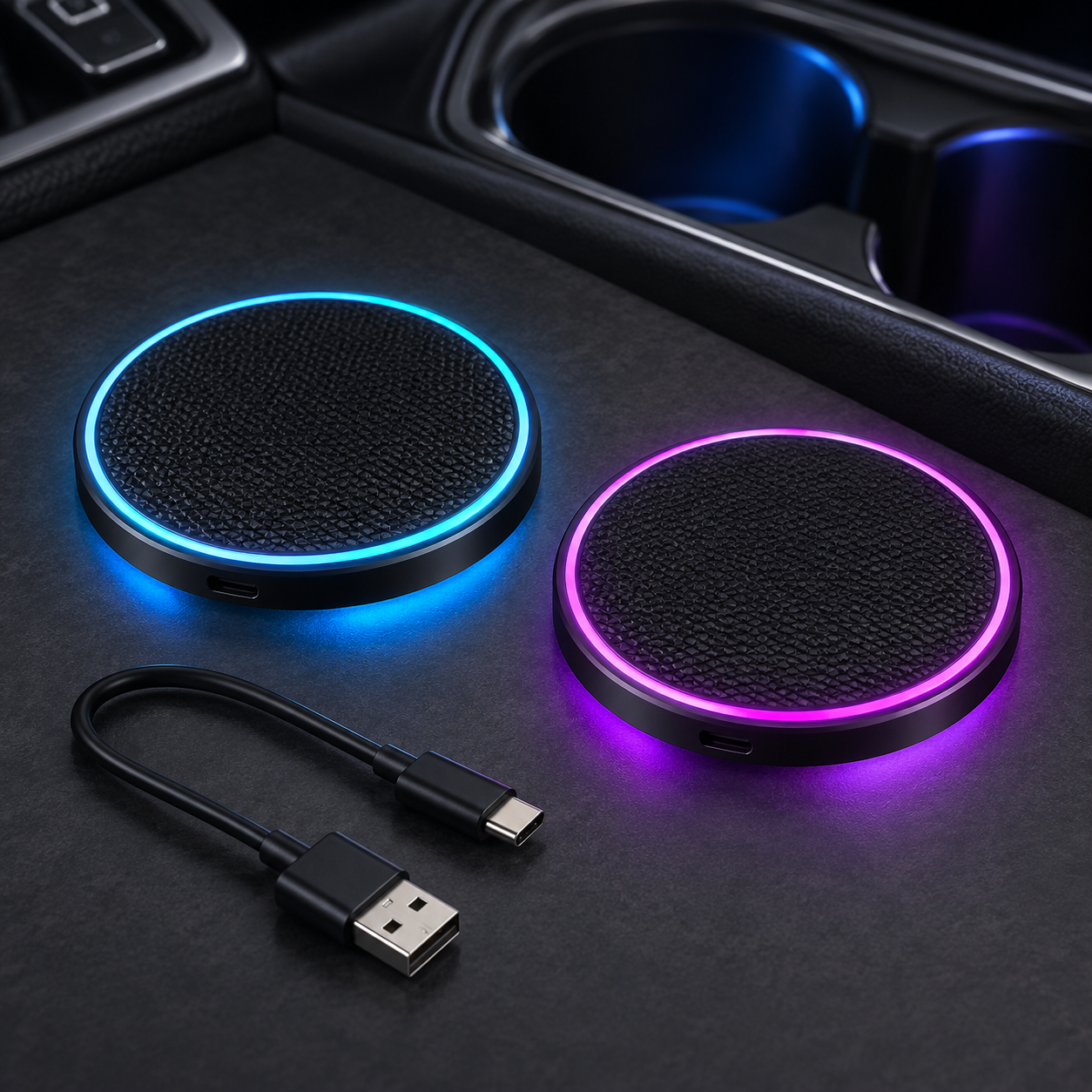 Illustrative pair of black rechargeable LED car cup holder coasters glowing blue and purple