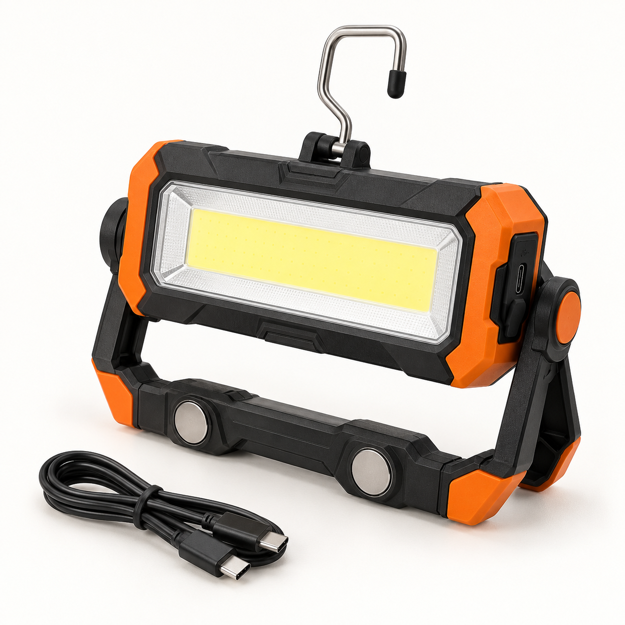 Rechargeable magnetic COB work light with folding stand, hanging hook and USB-C cable
