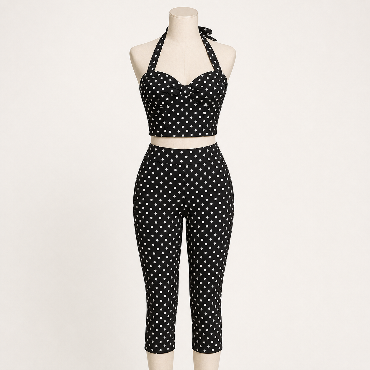 Unbranded black and white polka-dot halter crop top and fitted capri pants set displayed on a mannequin